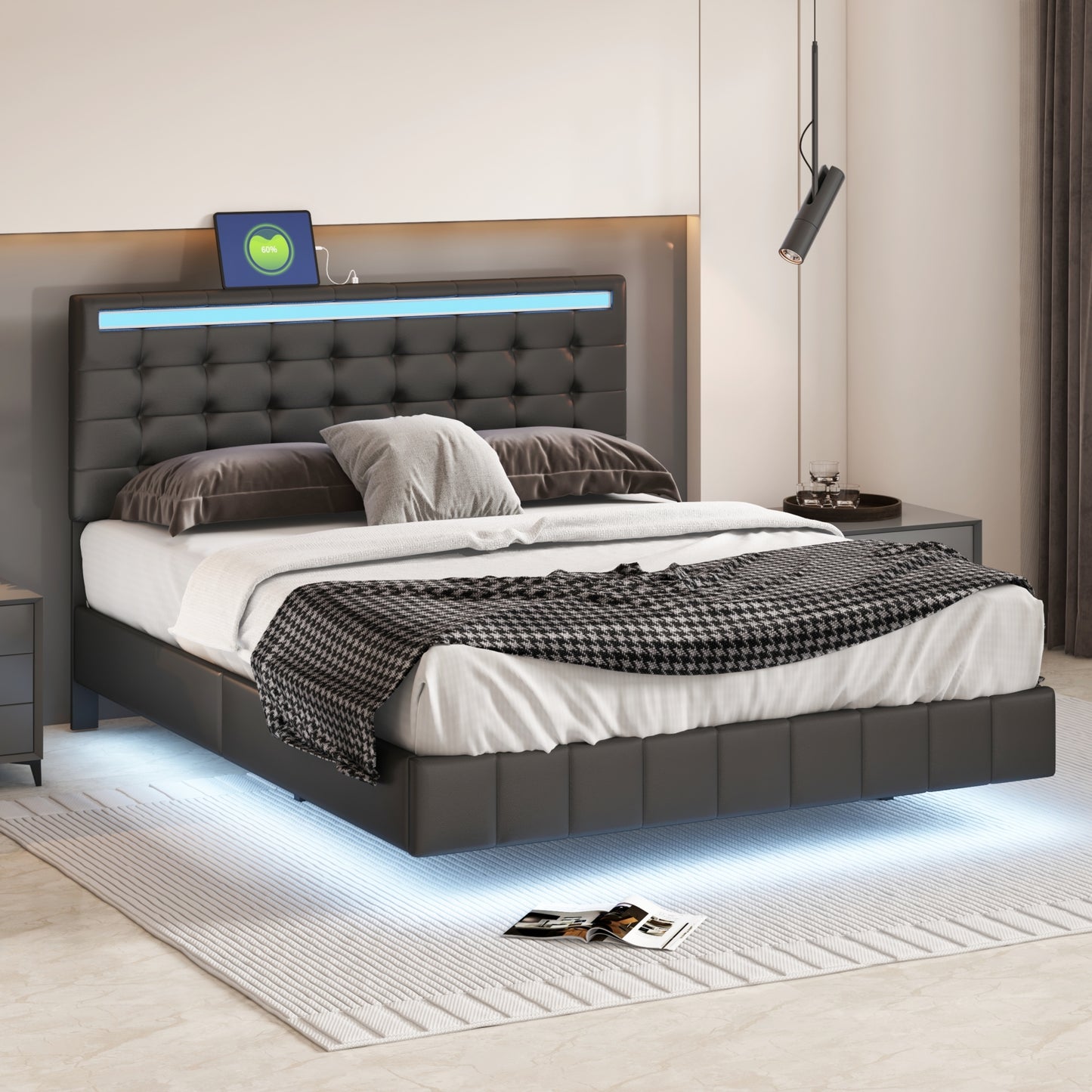 Melysen Queen Size Floating Bed Frame with LED Lights and USB Charging,Modern Upholstered Platform LED Bed Frame