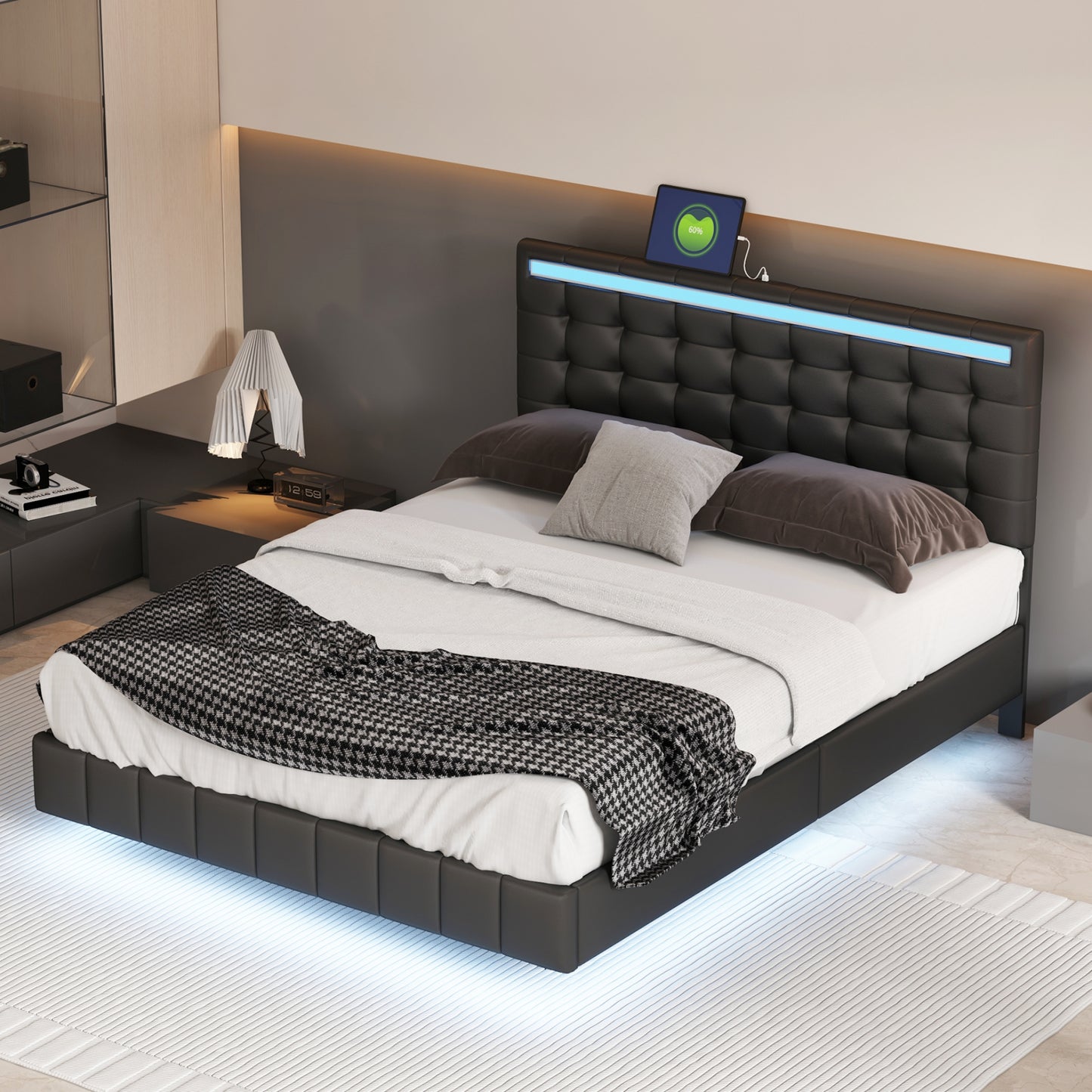 Melysen Queen Size Floating Bed Frame with LED Lights and USB Charging,Modern Upholstered Platform LED Bed Frame