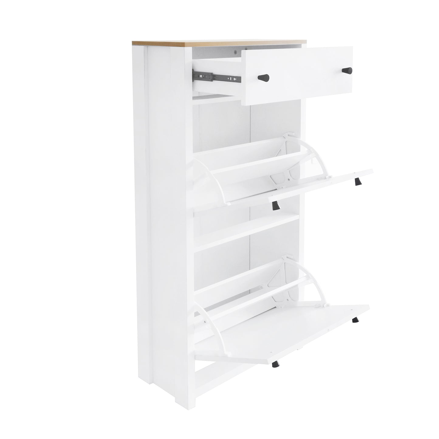 Melysen Functional Entryway Organizer with 2 Flip Drawers, Wood Grain Pattern Top Shoe Cabinet with Drawer, Free Standing Shoe Rack with Adjustable Panel for Hallway, White