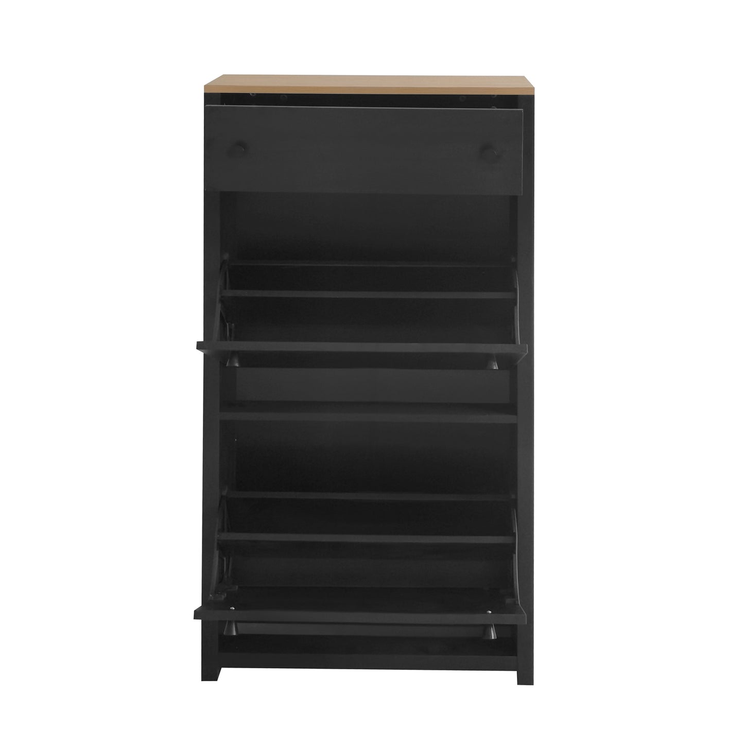 Melysen Functional Entryway Organizer with 2 Flip Drawers, Wood Grain Pattern Top Shoe Cabinet with Drawer, Free Standing Shoe Rack with Adjustable Panel for Hallway, Black