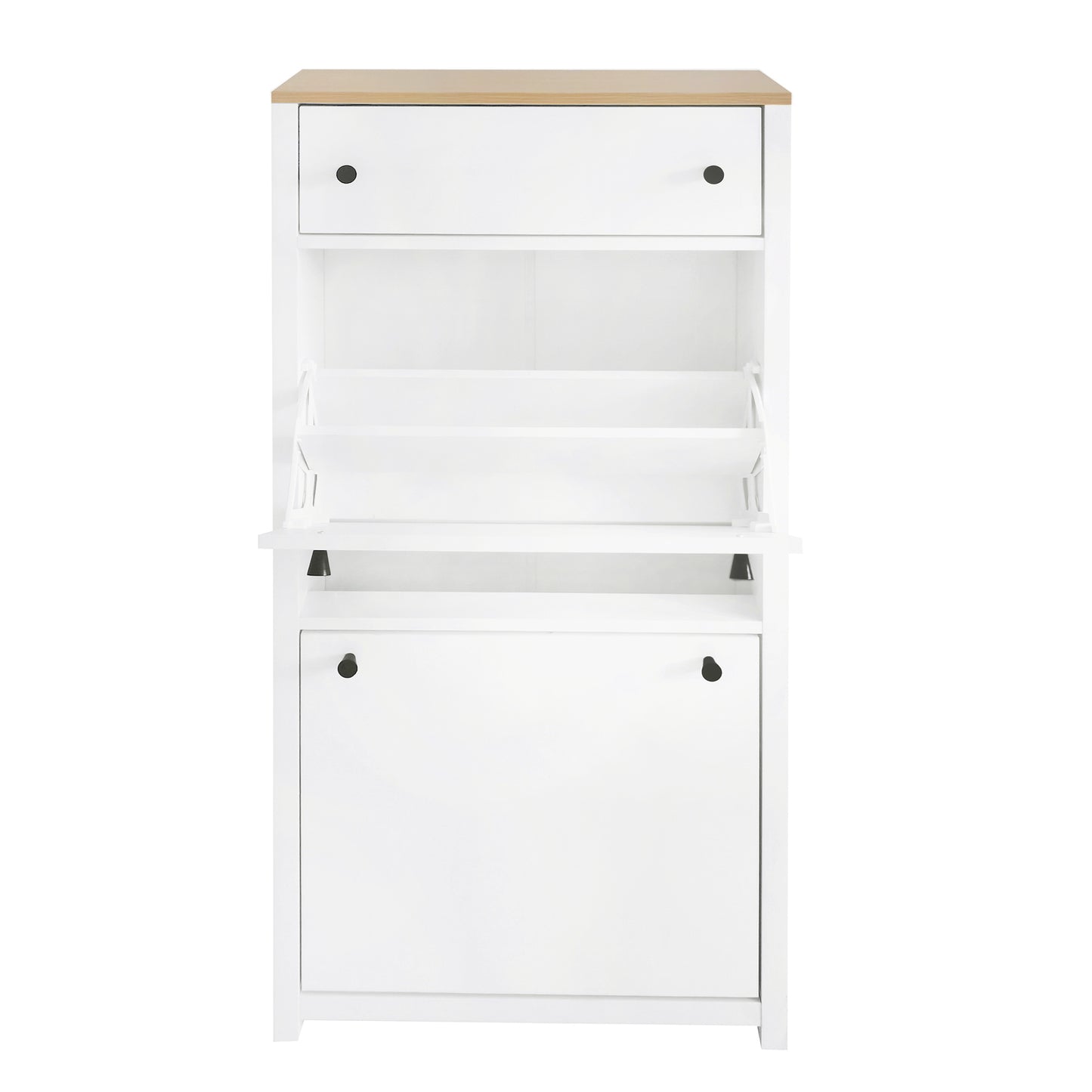 Melysen Functional Entryway Organizer with 2 Flip Drawers, Wood Grain Pattern Top Shoe Cabinet with Drawer, Free Standing Shoe Rack with Adjustable Panel for Hallway, White