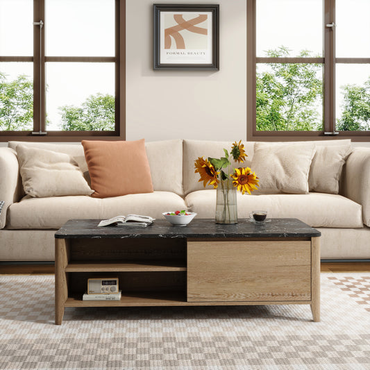 Melysen 47 Inch Modern Farmhouse Double Drawer Coffee Table for Living Room or Office , Tobacco Wood and Marble Texturein