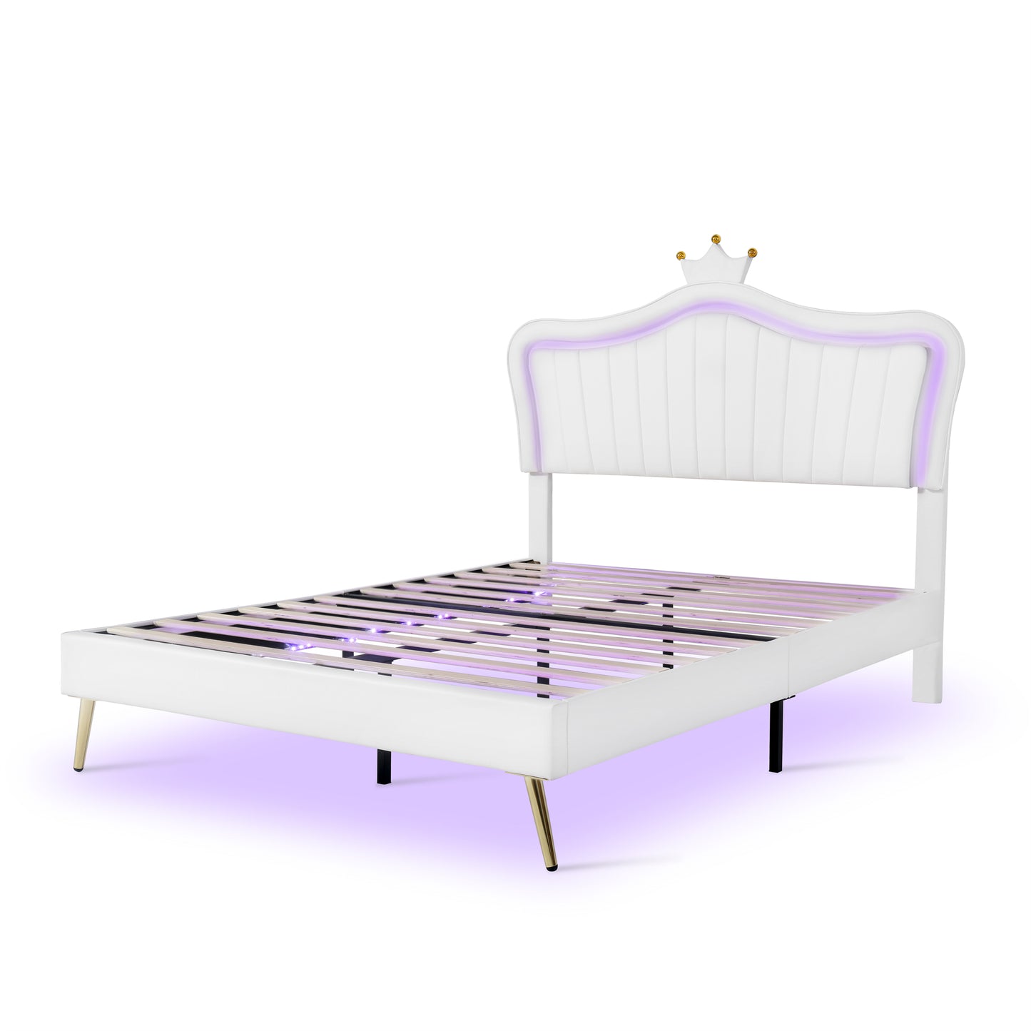 Melysen Queen Size Upholstered Bed Frame with LED Lights,Modern Upholstered Princess Bed With Crown Headboard