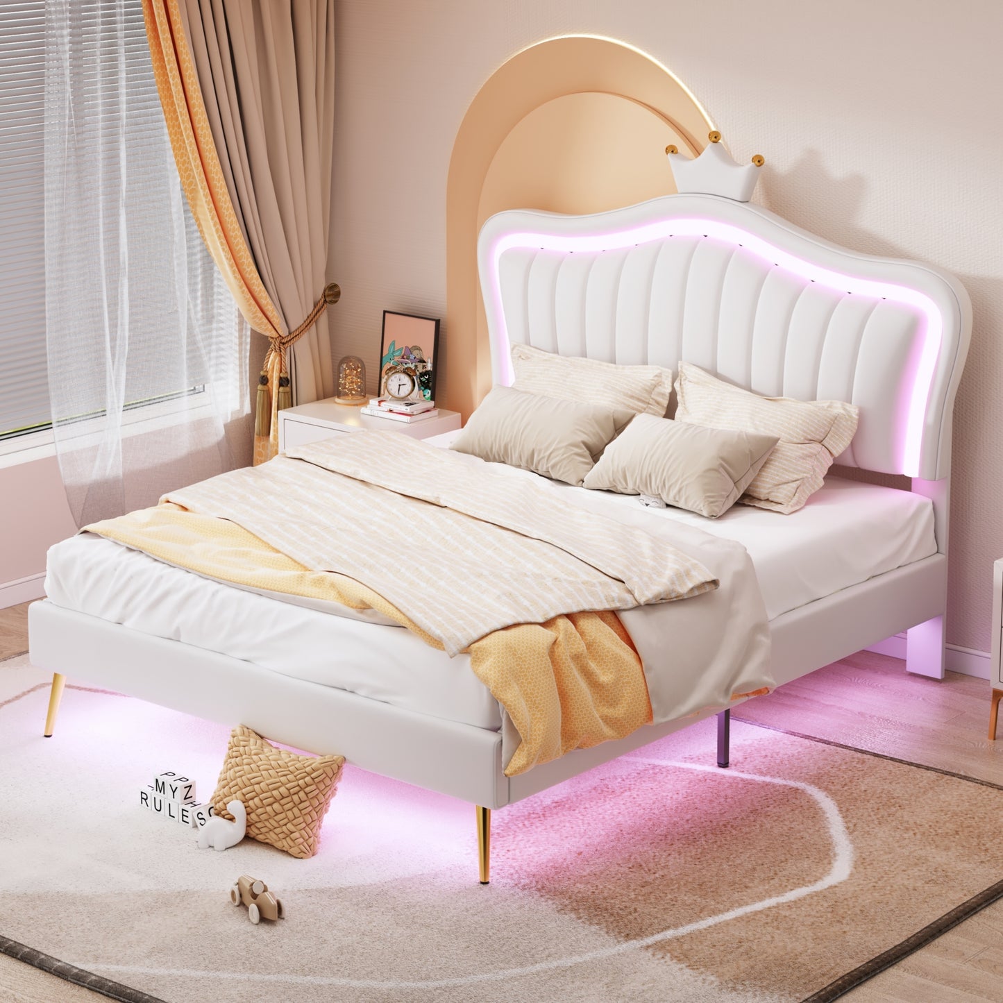 Melysen Queen Size Upholstered Bed Frame with LED Lights,Modern Upholstered Princess Bed With Crown Headboard