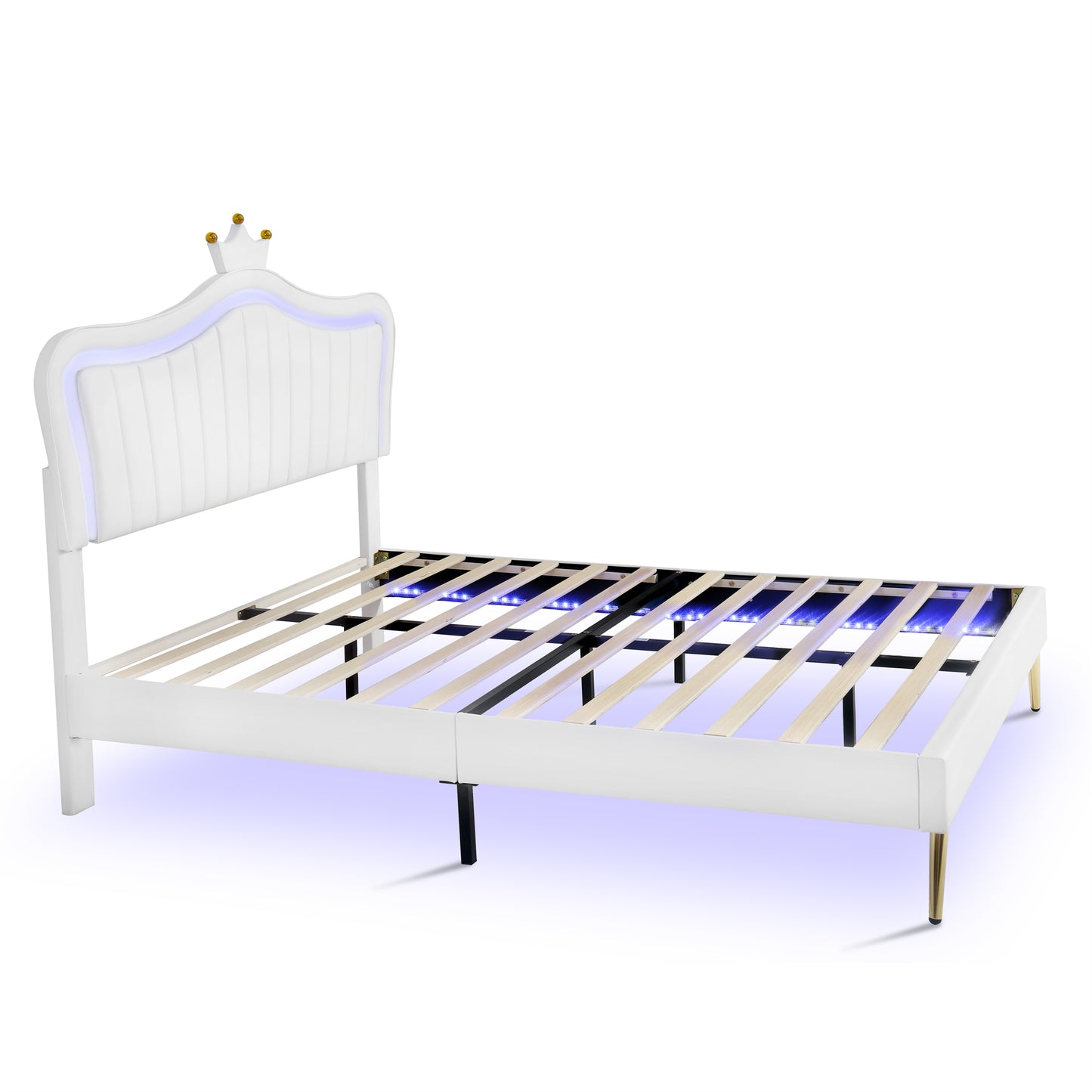 Melysen Queen Size Upholstered Bed Frame with LED Lights,Modern Upholstered Princess Bed With Crown Headboard