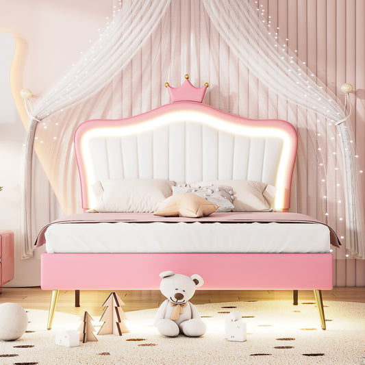 Melysen Full Size Upholstered Bed Frame with LED Lights,Modern Upholstered Princess Bed With Crown Headboard