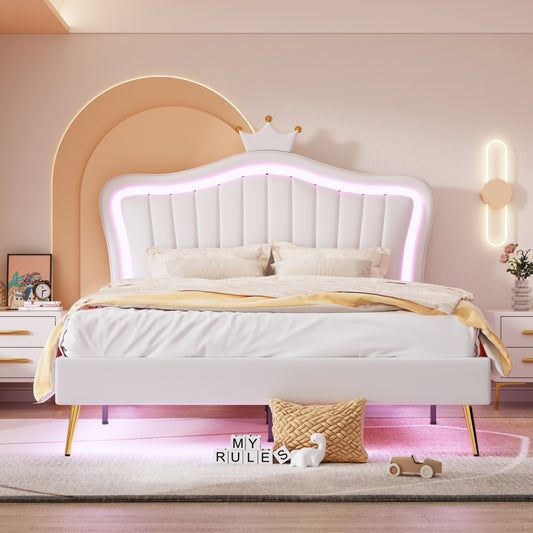 Melysen Queen Size Upholstered Bed Frame with LED Lights,Modern Upholstered Princess Bed With Crown Headboard