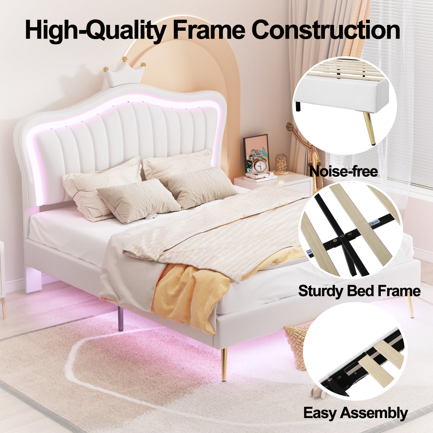 Melysen Queen Size Upholstered Bed Frame with LED Lights,Modern Upholstered Princess Bed With Crown Headboard