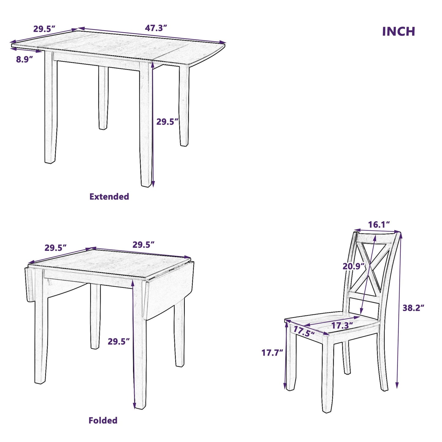 Melysen 3-Piece Wood Drop Leaf Breakfast Nook Dining Table Set with 2 X-back Chairs for Small Places