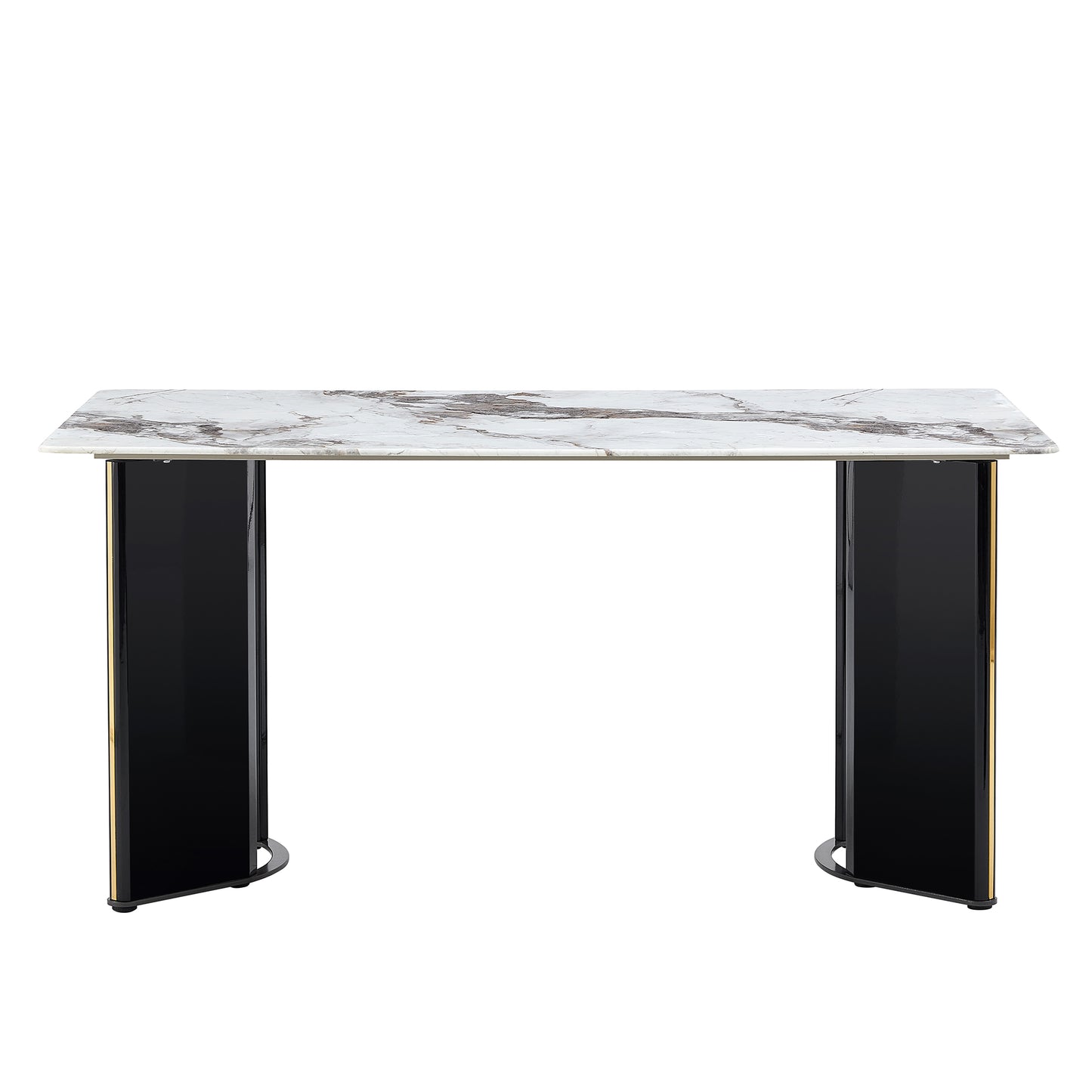 Melysen Modern Minimalist Rectangular Dining Table, White Imitation Marble Tabletop, Mdf Table Legs with Gold Metal Decorative Strips