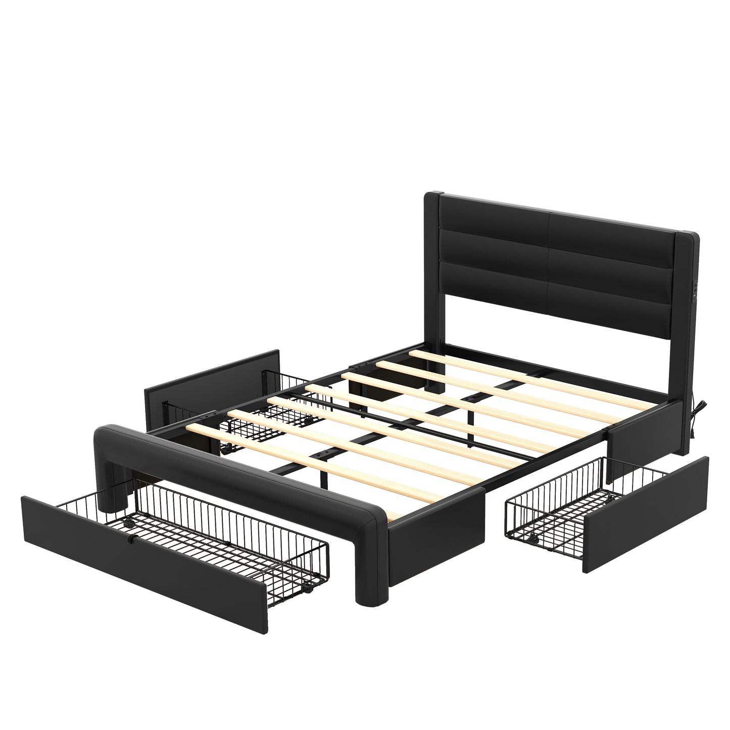 Melysen Queen Size Bed Frame with Drawers Storage, Leather Upholstered Platform Bed with Charging Station, Black