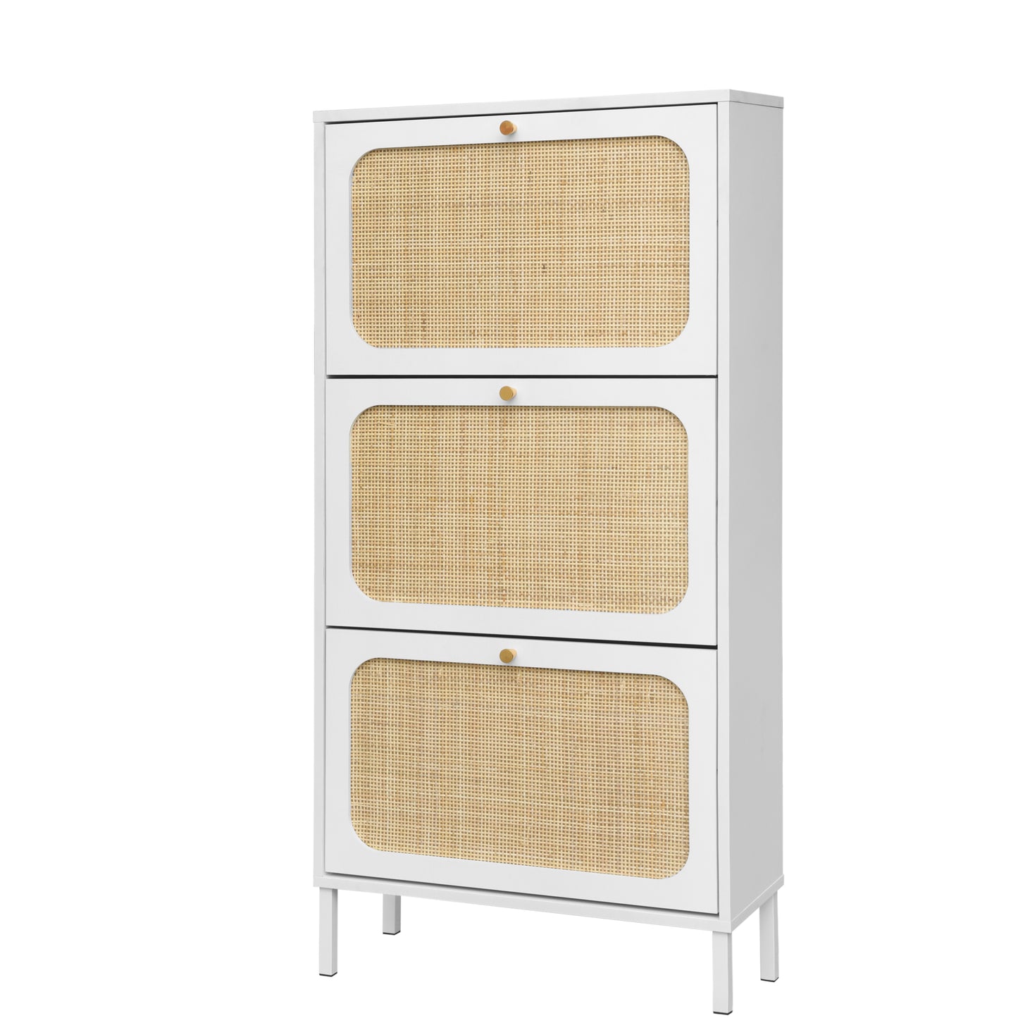 Melysen Natural Rattan 3 Door Shoe Rack, Freestanding Modern Shoe Storage Cabinet,White+Natural