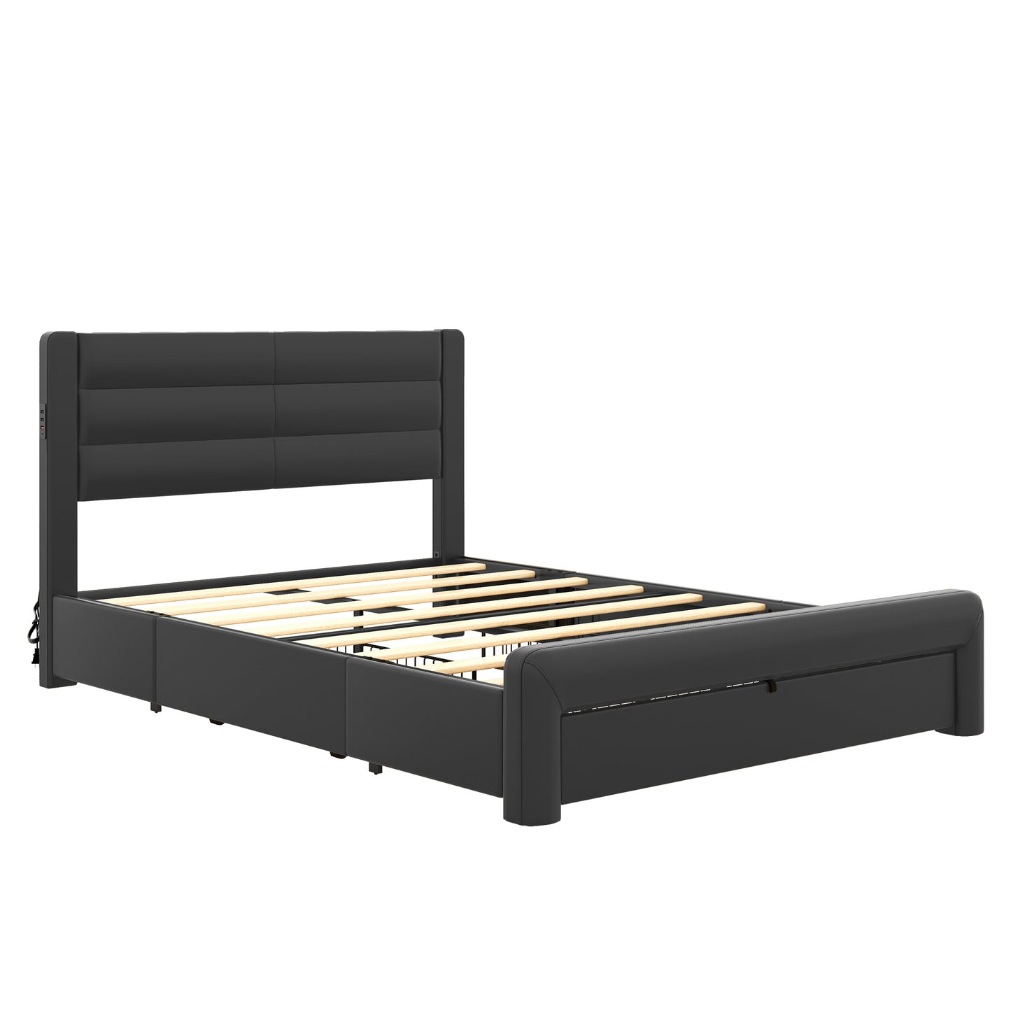 Melysen Queen Size Bed Frame with Drawers Storage, Leather Upholstered Platform Bed with Charging Station, Black