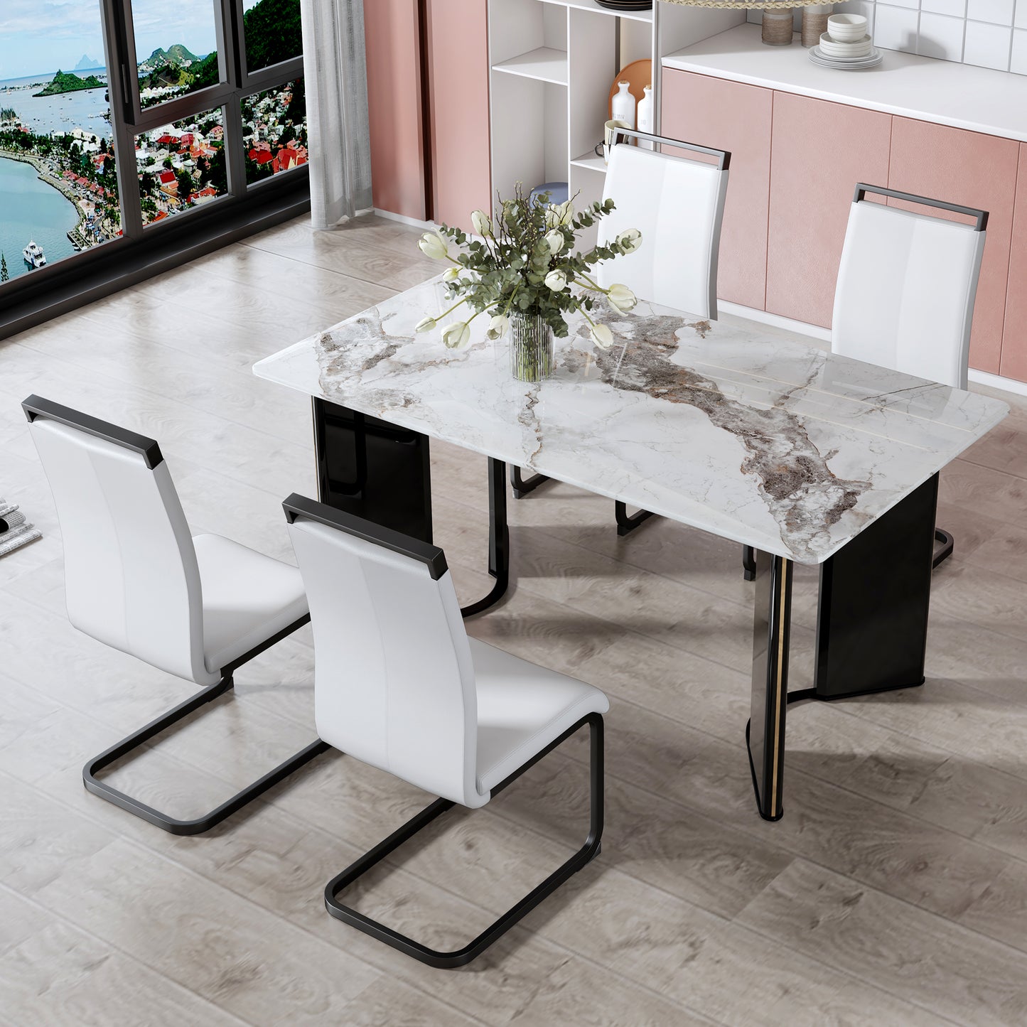 Melysen White Imitation Marble Desktop with Mdf Legs and Gold Metal Decorative Strips. Paired with 4 Dining Chairs with White Backrest and Black Metal Legs