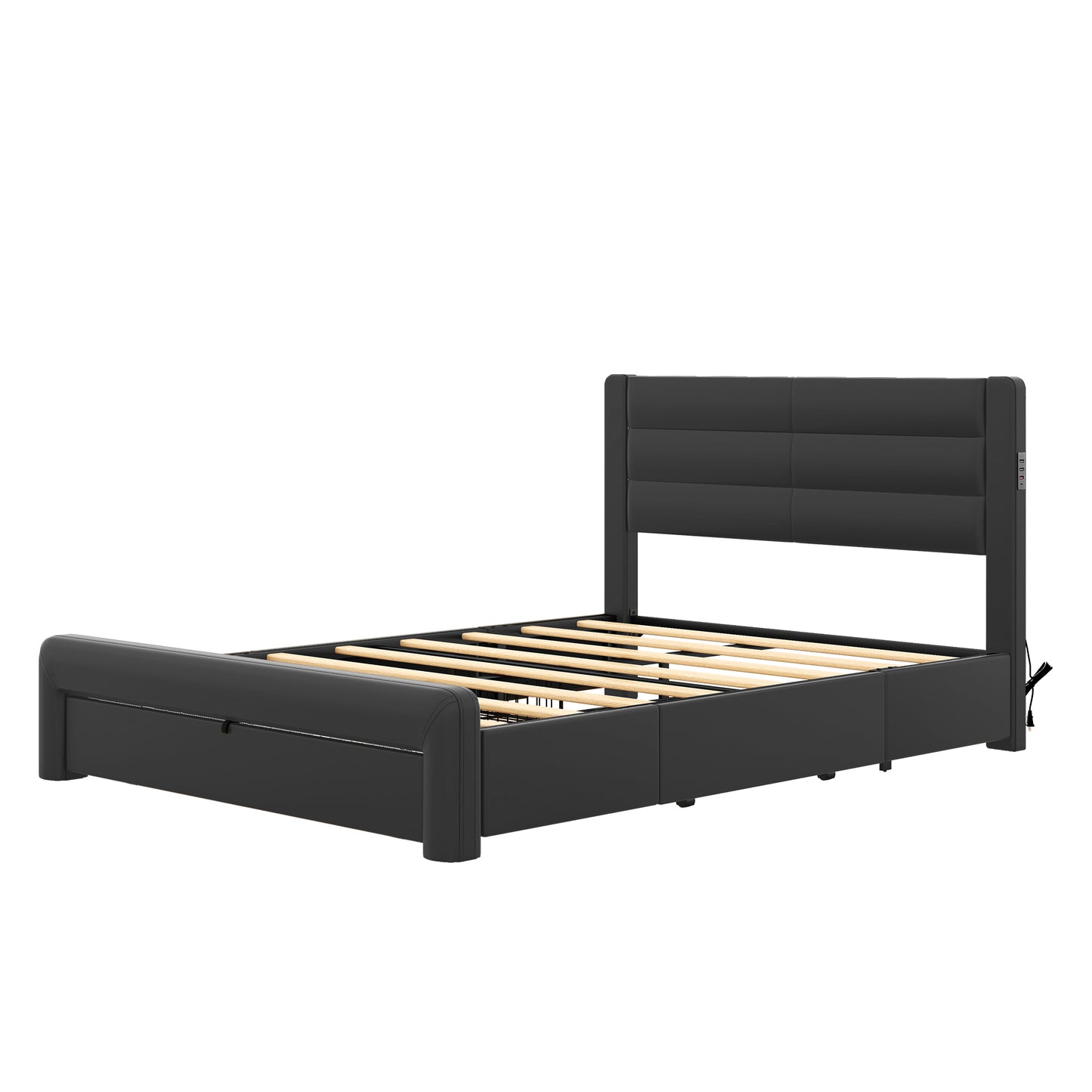 Melysen Queen Size Bed Frame with Drawers Storage, Leather Upholstered Platform Bed with Charging Station, Black