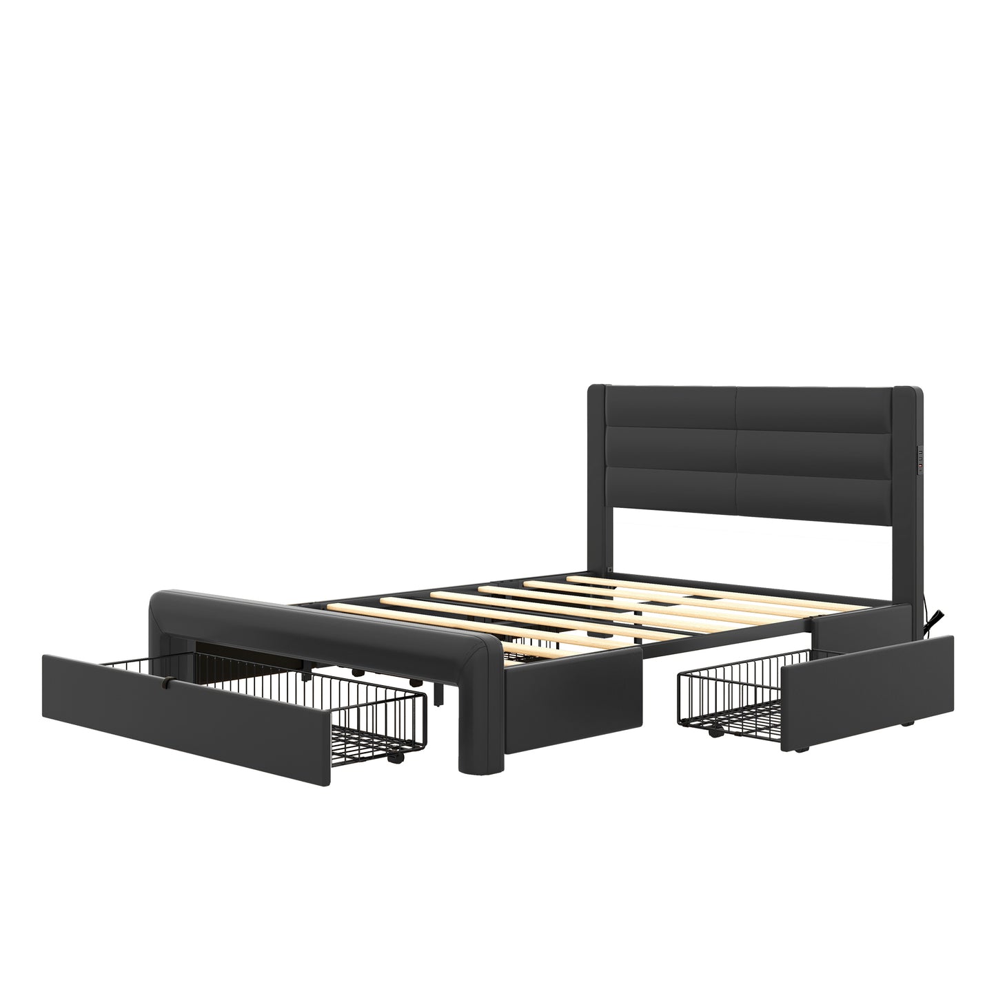 Melysen Queen Size Bed Frame with Drawers Storage, Leather Upholstered Platform Bed with Charging Station, Black