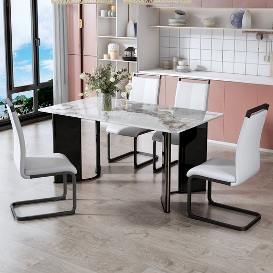 Melysen White Imitation Marble Desktop with Mdf Legs and Gold Metal Decorative Strips. Paired with 4 Dining Chairs with White Backrest and Black Metal Legs