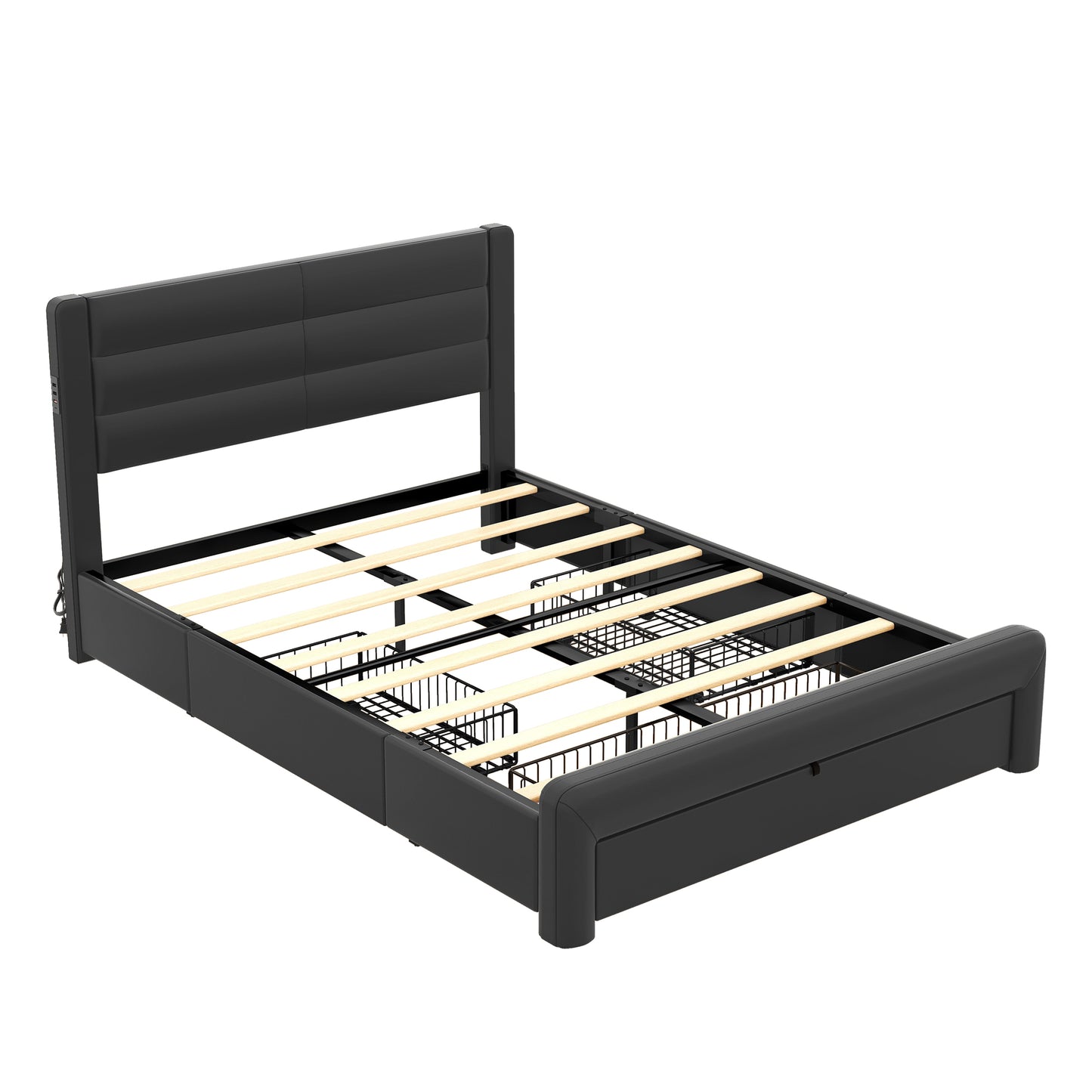 Melysen Queen Size Bed Frame with Drawers Storage, Leather Upholstered Platform Bed with Charging Station, Black