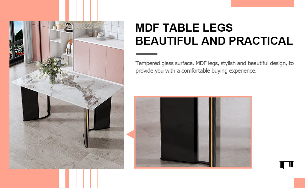 Melysen Modern Minimalist Rectangular Dining Table, White Imitation Marble Tabletop, Mdf Table Legs with Gold Metal Decorative Strips