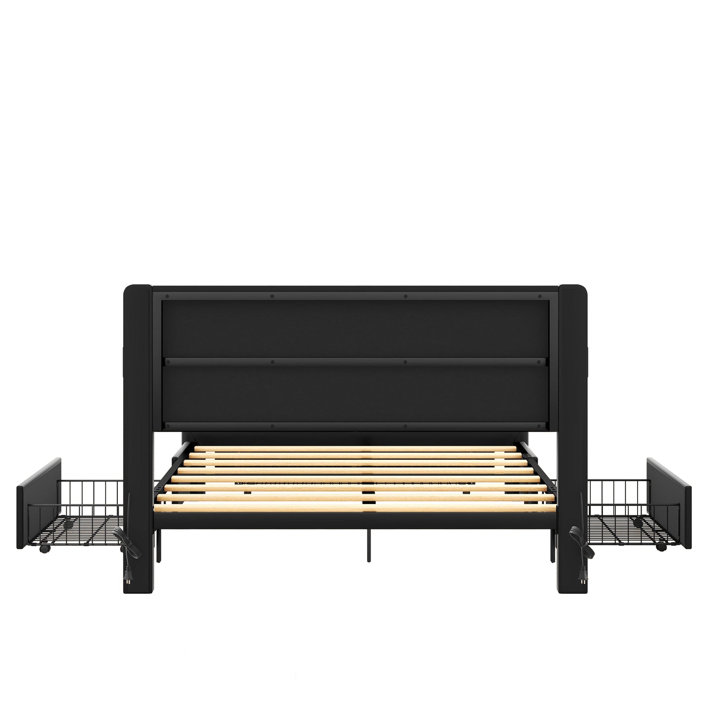 Melysen Queen Size Bed Frame with Drawers Storage, Leather Upholstered Platform Bed with Charging Station, Black