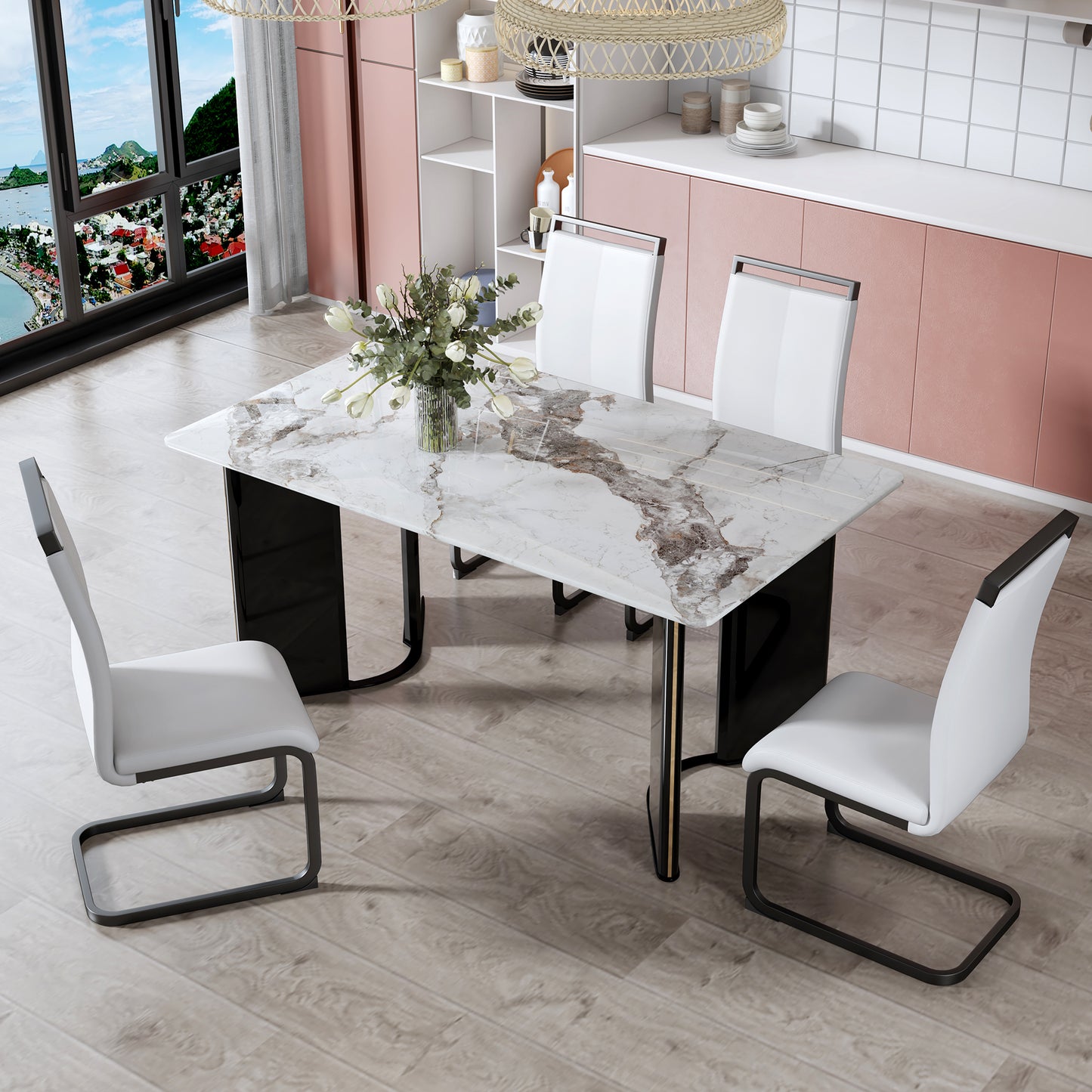 Melysen White Imitation Marble Desktop with Mdf Legs and Gold Metal Decorative Strips. Paired with 4 Dining Chairs with White Backrest and Black Metal Legs