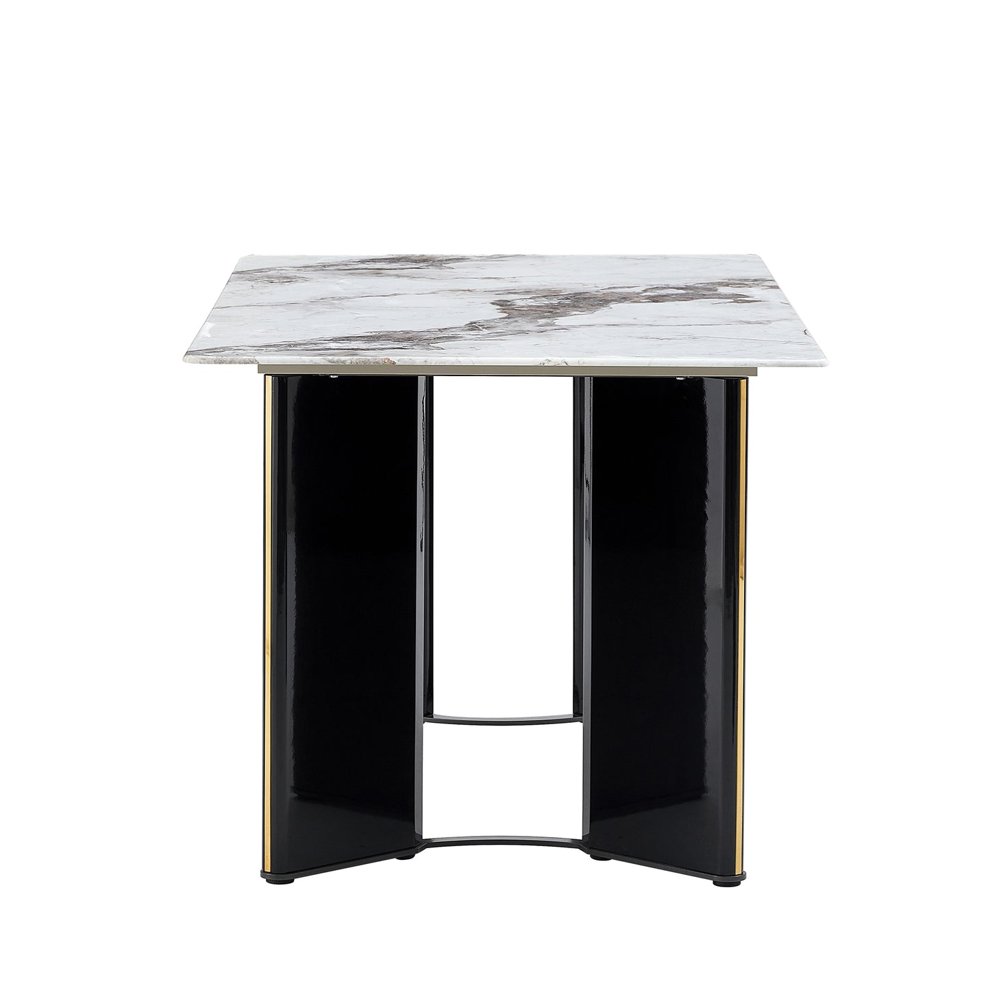 Melysen Modern Minimalist Rectangular Dining Table, White Imitation Marble Tabletop, Mdf Table Legs with Gold Metal Decorative Strips