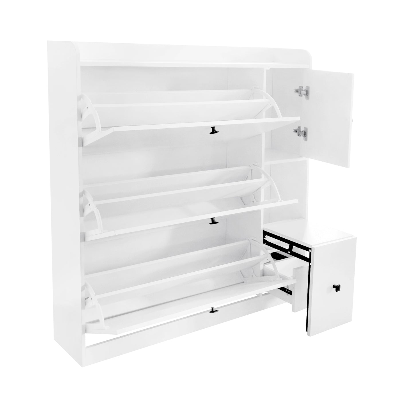 Melysen Versatile Shoe Cabinet with 3 Flip Drawers, Maximum Storage Entryway Organizer with Drawer, Free Standing Shoe Rack with Pull-down Seat for Hallway, White