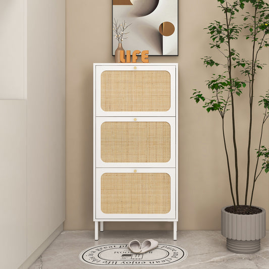 Melysen Natural Rattan 3 Door Shoe Rack, Freestanding Modern Shoe Storage Cabinet,White+Natural