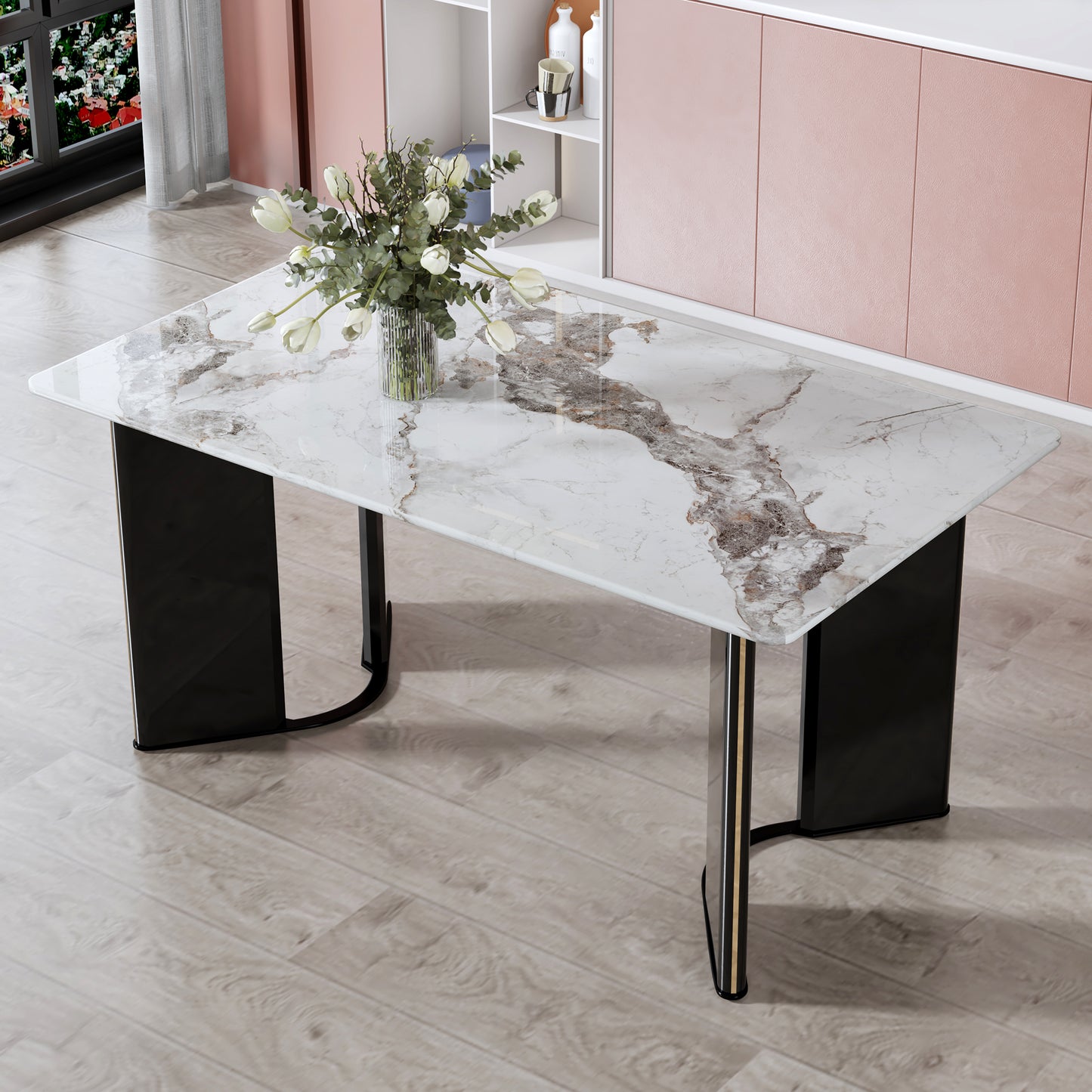 Melysen White Imitation Marble Desktop with Mdf Legs and Gold Metal Decorative Strips. Paired with 4 Dining Chairs with White Backrest and Black Metal Legs