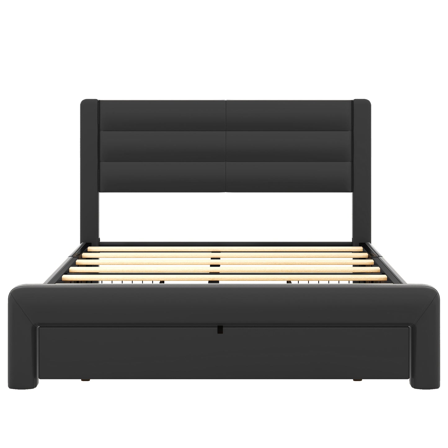 Melysen Queen Size Bed Frame with Drawers Storage, Leather Upholstered Platform Bed with Charging Station, Black