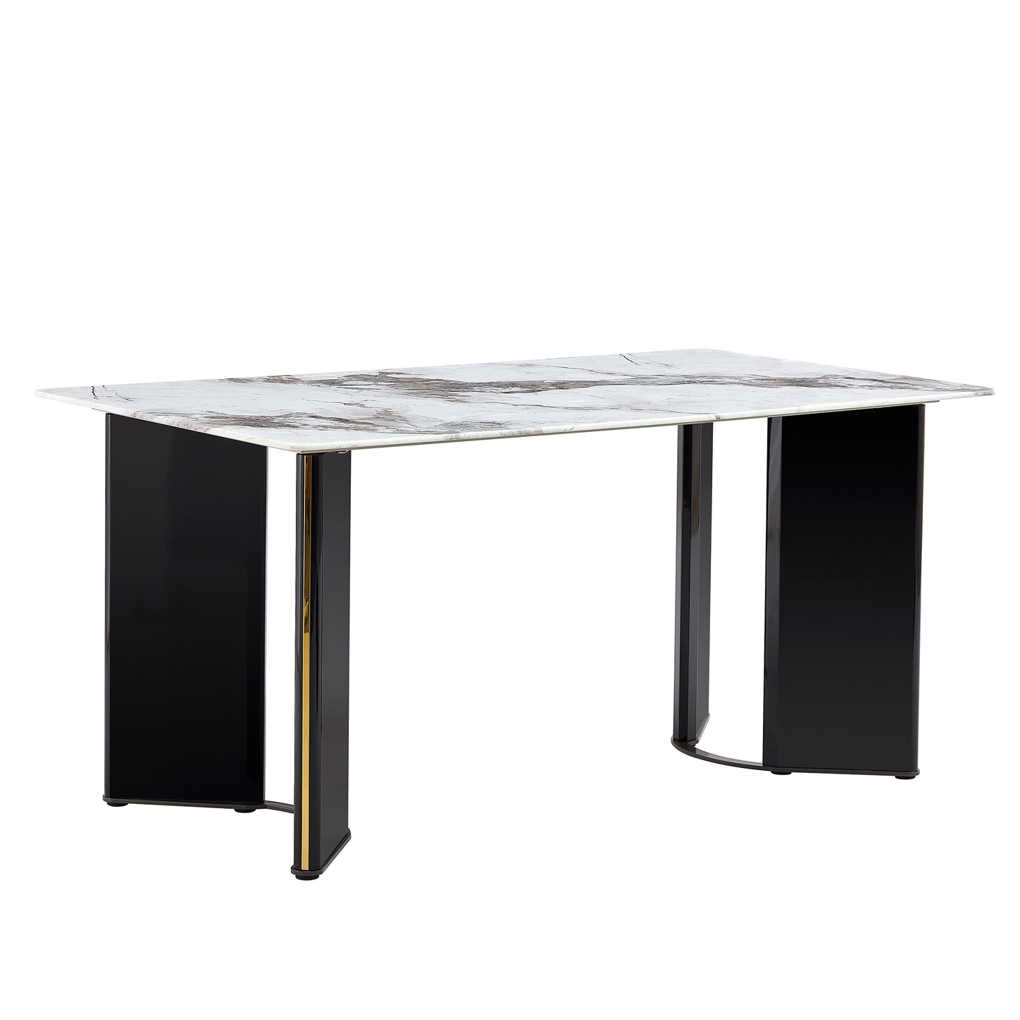 Melysen Modern Minimalist Rectangular Dining Table, White Imitation Marble Tabletop, Mdf Table Legs with Gold Metal Decorative Strips