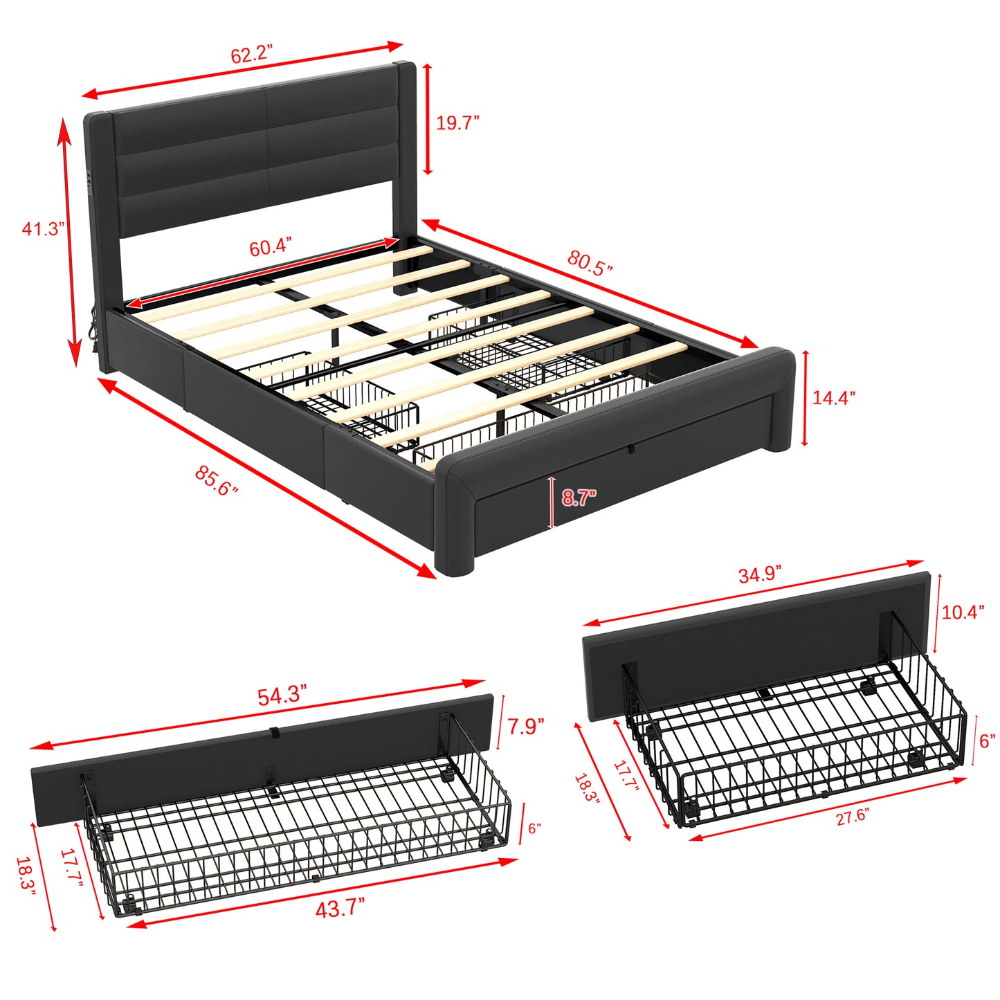 Melysen Queen Size Bed Frame with Drawers Storage, Leather Upholstered Platform Bed with Charging Station, Black