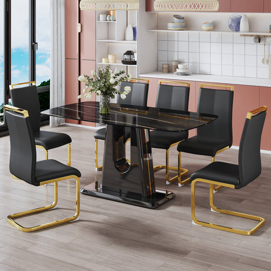 Melysen Luxurious Black Imitation Marble Rectangular Dining Table and Desk with 6 Black Pu Gold Plated Leg Chairs 63'' X 35.4'' X 30''