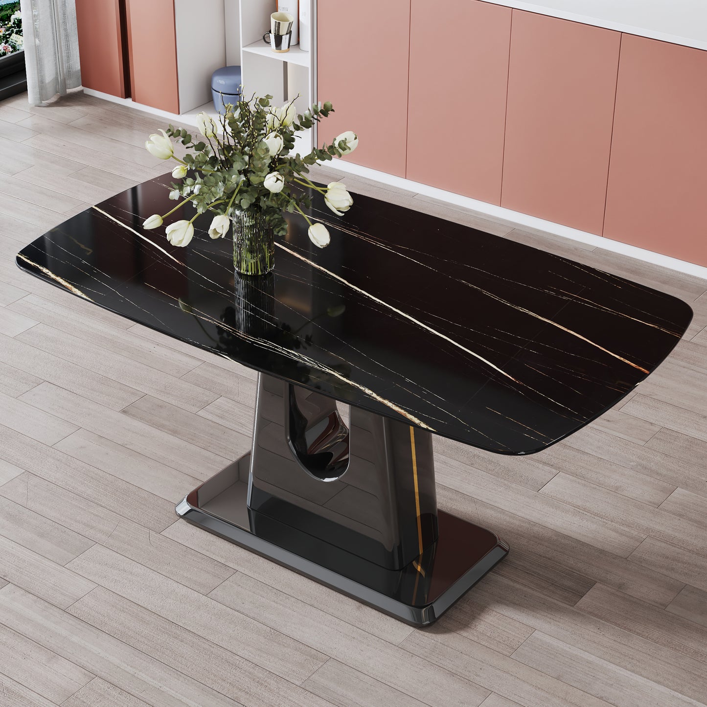 Melysen Luxurious Table Black Imitation Marble Tabletop with Mdf U-Shaped Legs