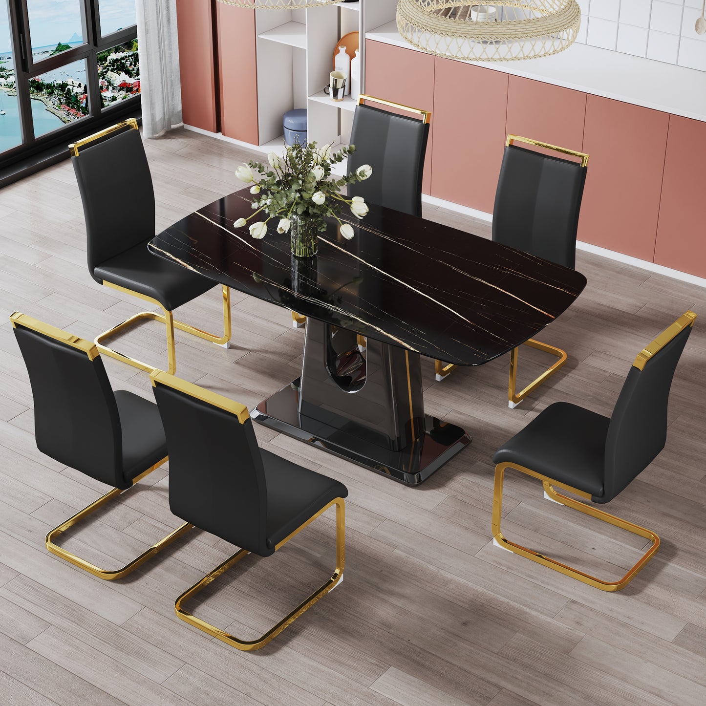 Melysen Luxurious Black Imitation Marble Rectangular Dining Table and Desk with 6 Black Pu Gold Plated Leg Chairs 63'' X 35.4'' X 30''