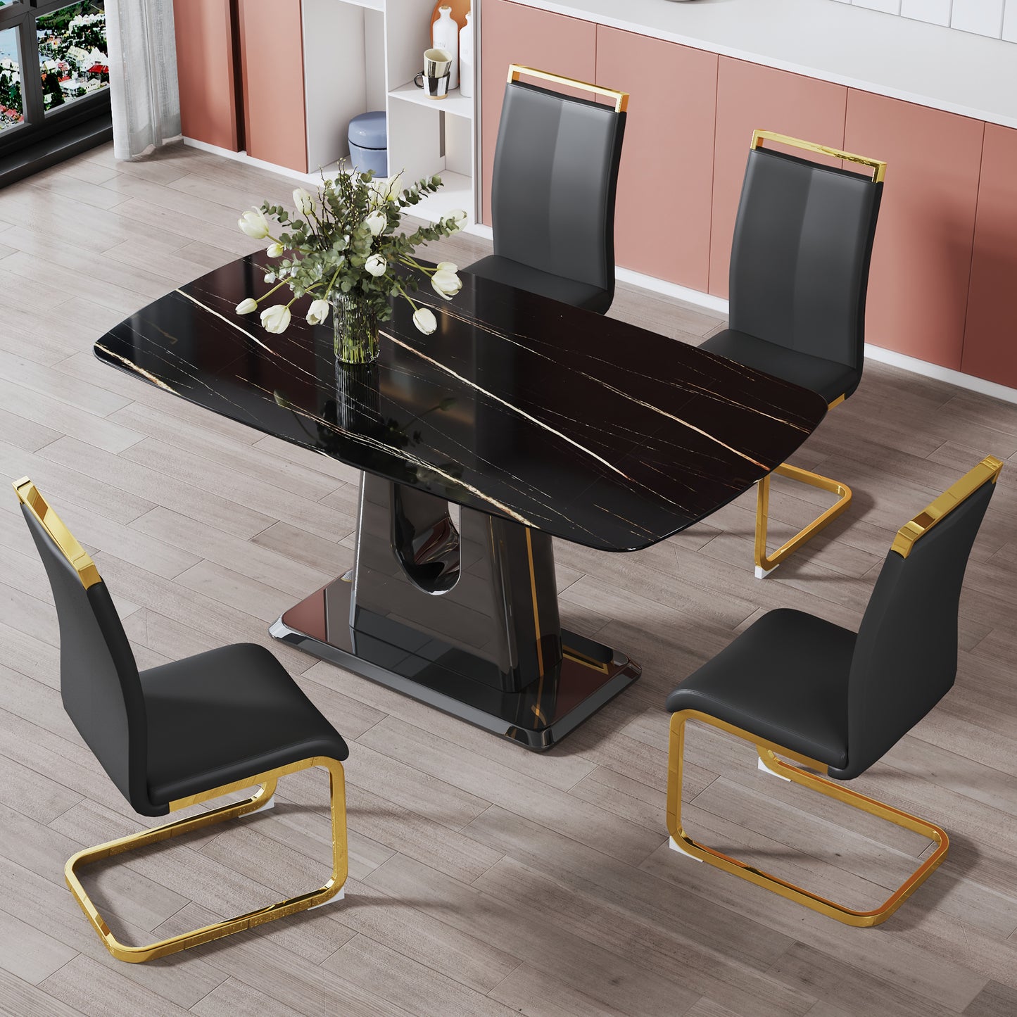 Melysen Luxurious Black Imitation Marble Rectangular Dining Table and Desk with 4 Black Pu Gold Plated Leg Chairs 63'' X 35.4'' X 30''