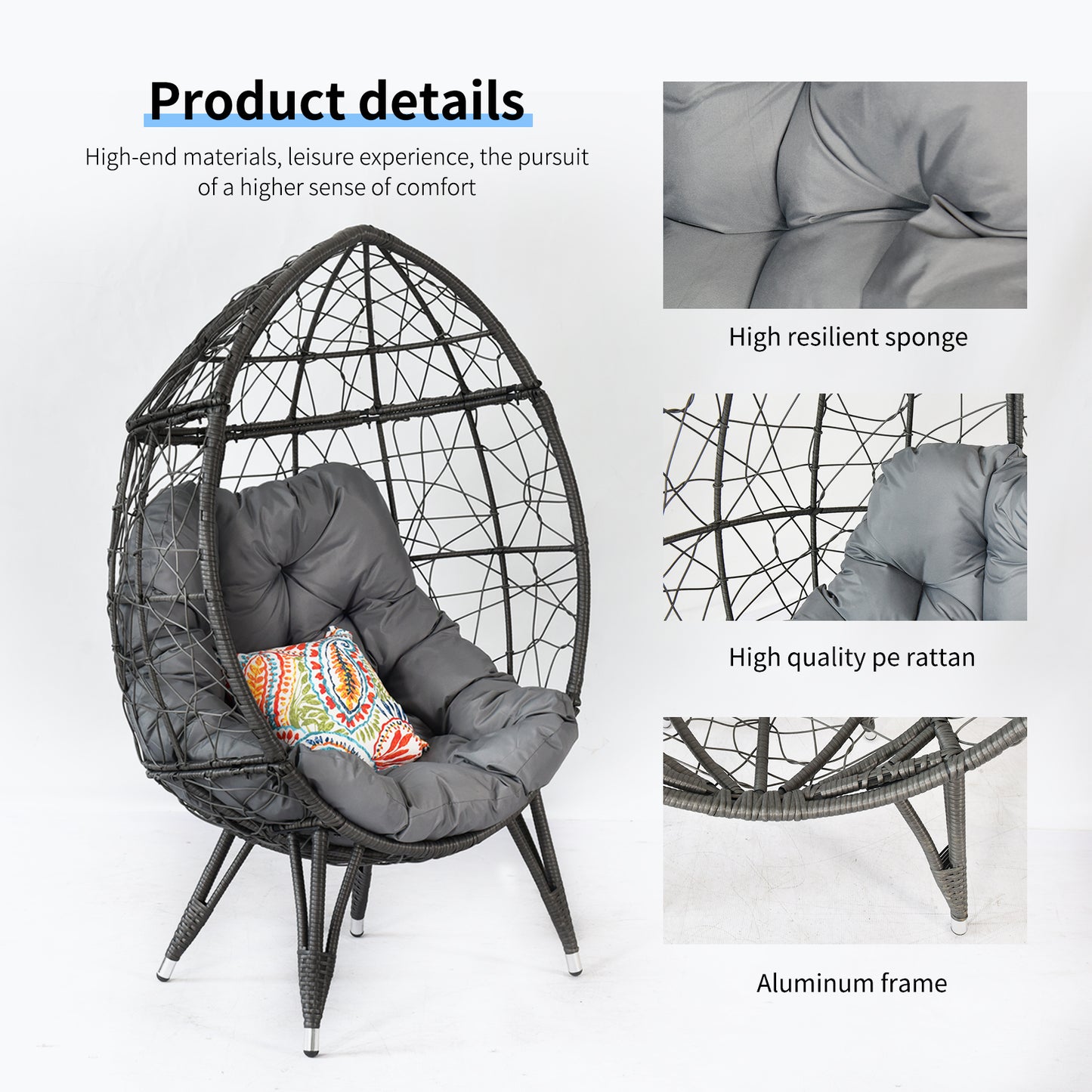 Melysen Outdoor Patio Wicker Egg Chair Indoor Basket Wicker Chair with Grey Cusion for Backyard Poolside