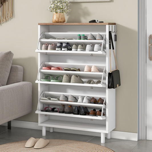 Melysen Narrow Design Shoe Cabinet with 3 Flip Drawers, Wood Grain Pattern Top Entryway Organizer with 3 Hooks, Free Standing Shoe Rack with Adjustable Panel for Hallway, White