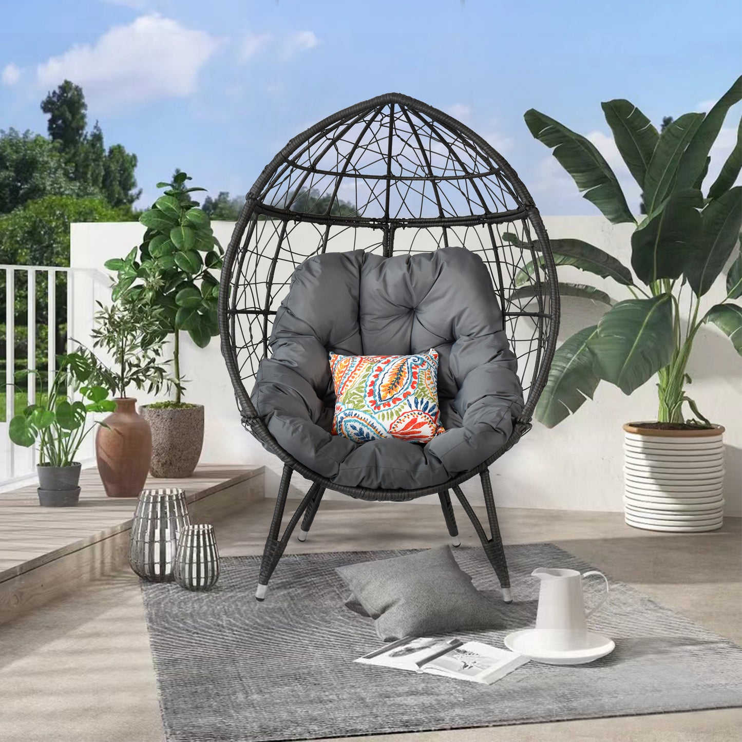 Melysen Outdoor Patio Wicker Egg Chair Indoor Basket Wicker Chair with Grey Cusion for Backyard Poolside