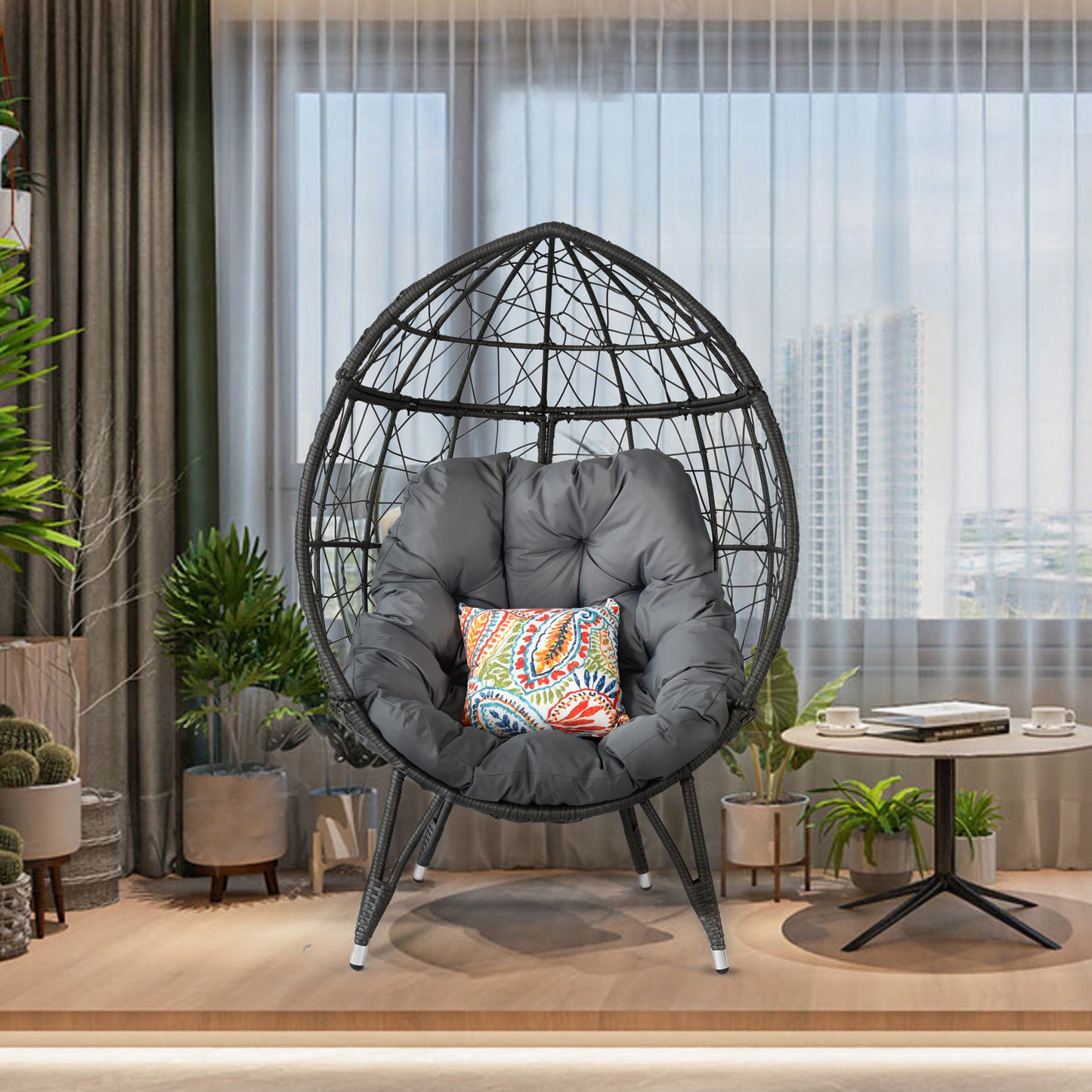 Melysen Outdoor Patio Wicker Egg Chair Indoor Basket Wicker Chair with Grey Cusion for Backyard Poolside