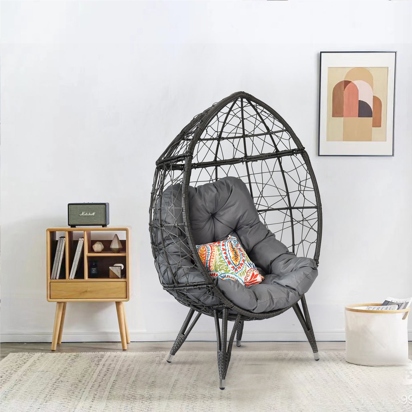 Melysen Outdoor Patio Wicker Egg Chair Indoor Basket Wicker Chair with Grey Cusion for Backyard Poolside