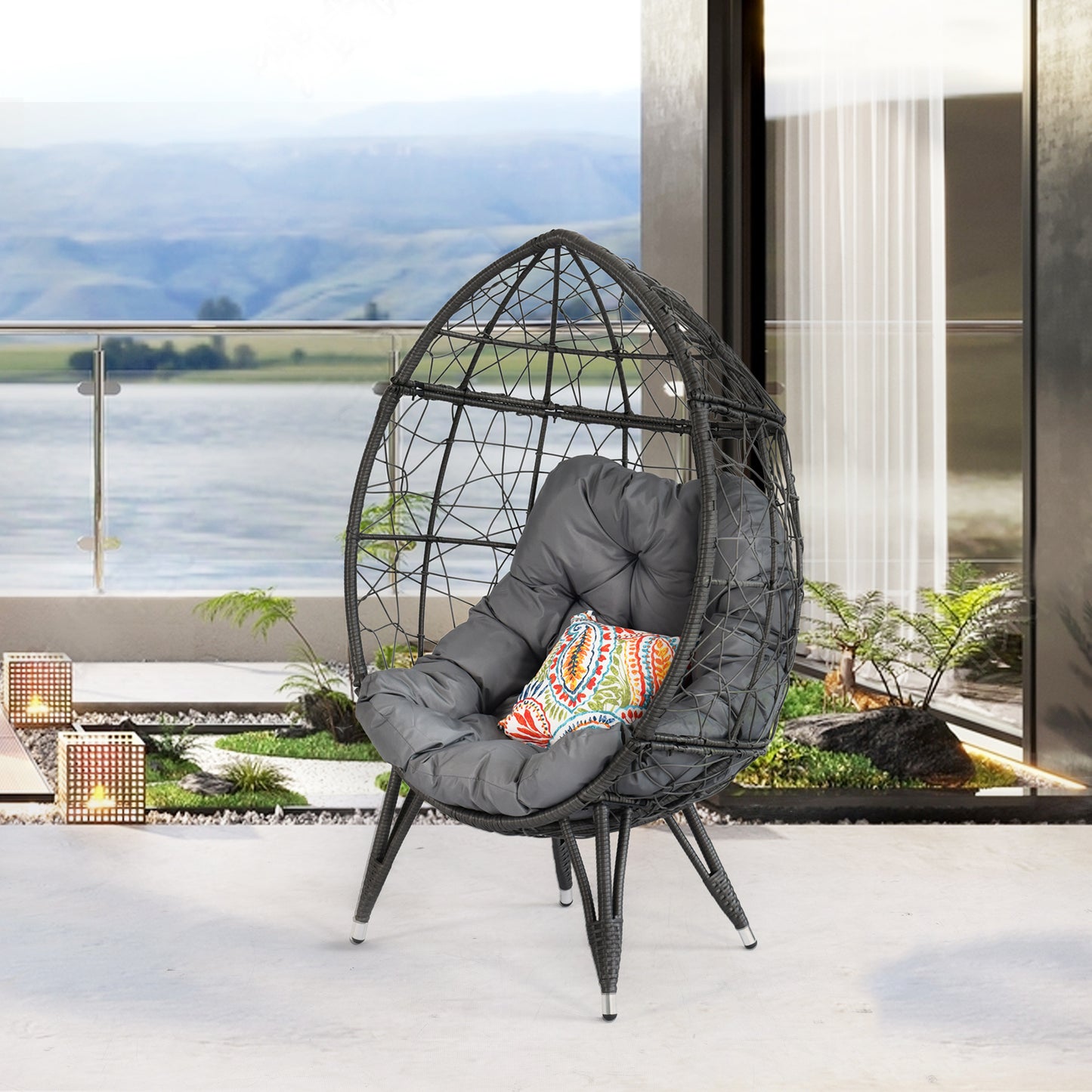 Melysen Outdoor Patio Wicker Egg Chair Indoor Basket Wicker Chair with Grey Cusion for Backyard Poolside