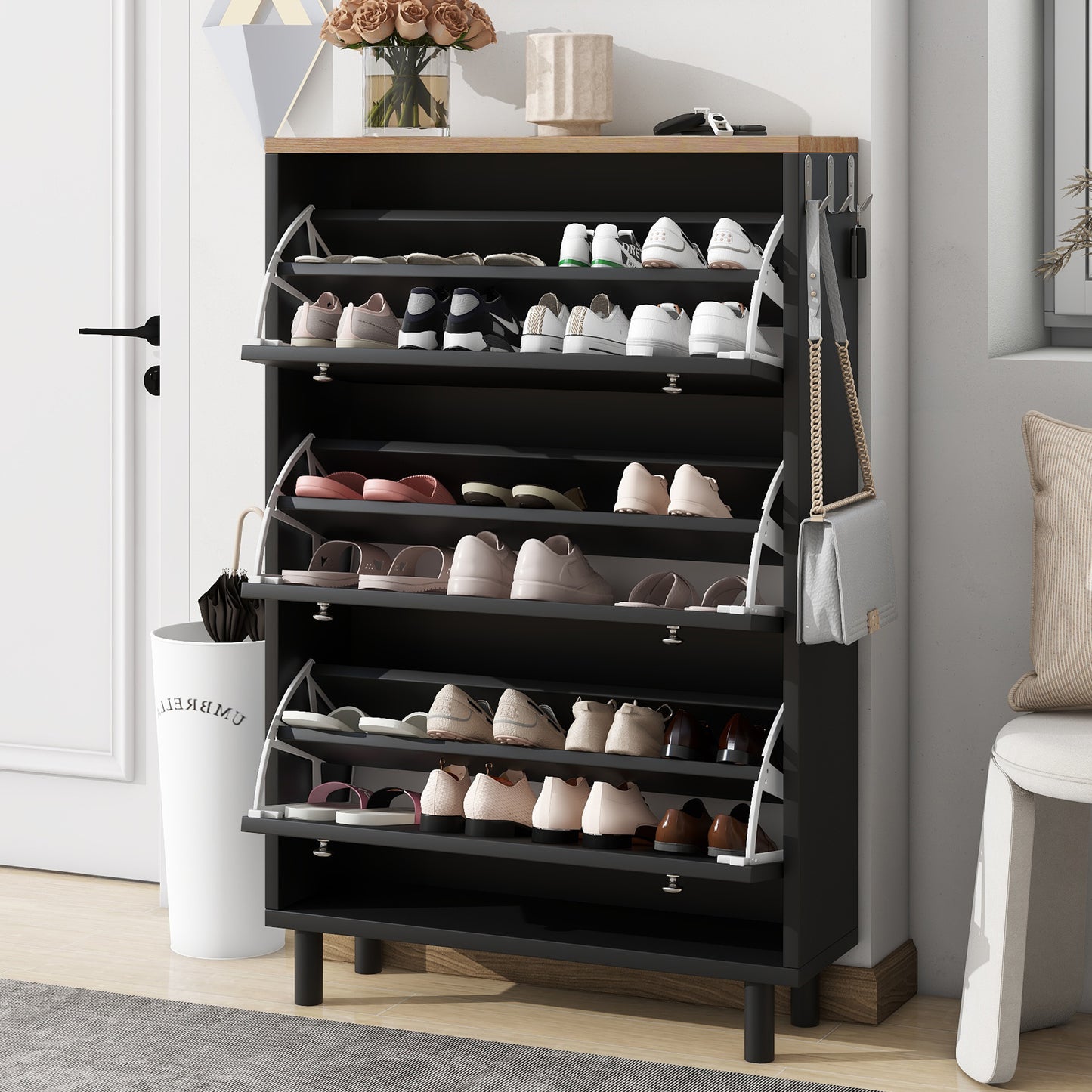 Melysen Narrow Design Shoe Cabinet with 3 Flip Drawers, Wood Grain Pattern Top Entryway Organizer with 3 Hooks, Free Standing Shoe Rack with Adjustable Panel for Hallway, Black