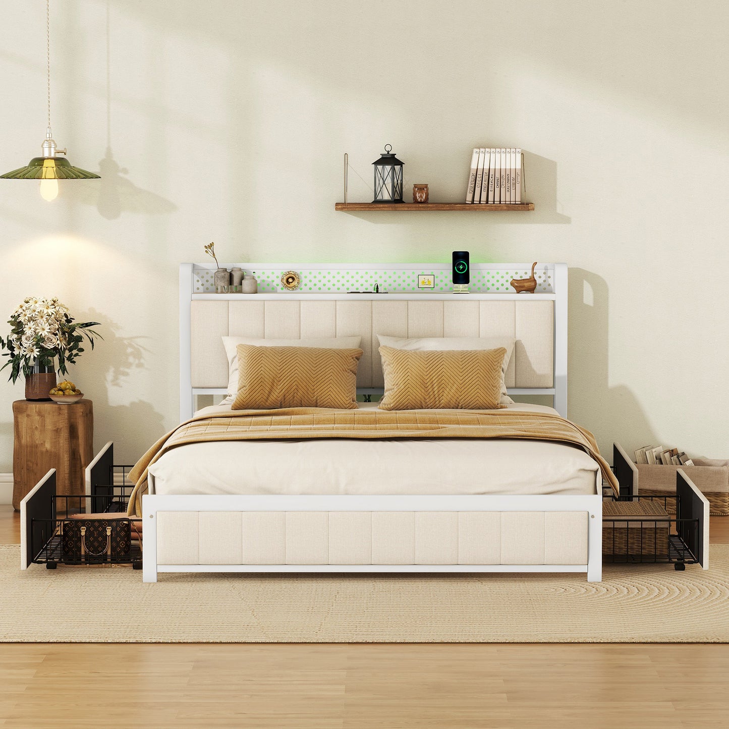 Melysen Queen Bed Frame with LED Headboard, Upholstered Bed with 4 Storage Drawers and USB Ports, Beige