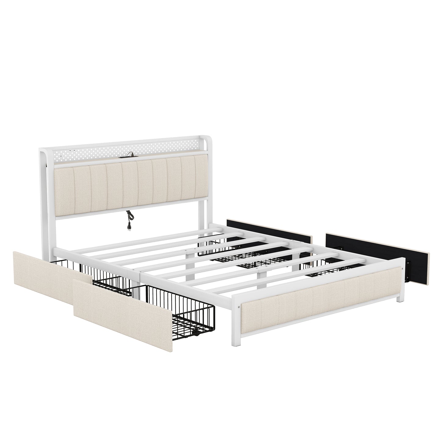 Melysen Queen Bed Frame with LED Headboard, Upholstered Bed with 4 Storage Drawers and USB Ports, Beige