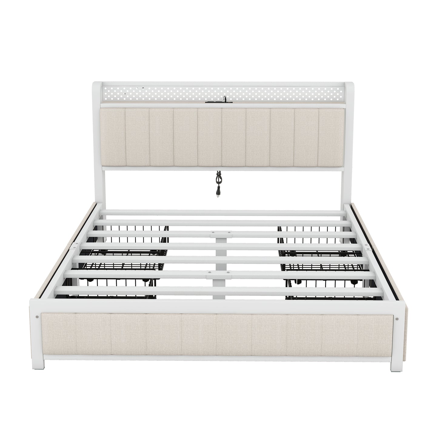 Melysen Queen Bed Frame with LED Headboard, Upholstered Bed with 4 Storage Drawers and USB Ports, Beige