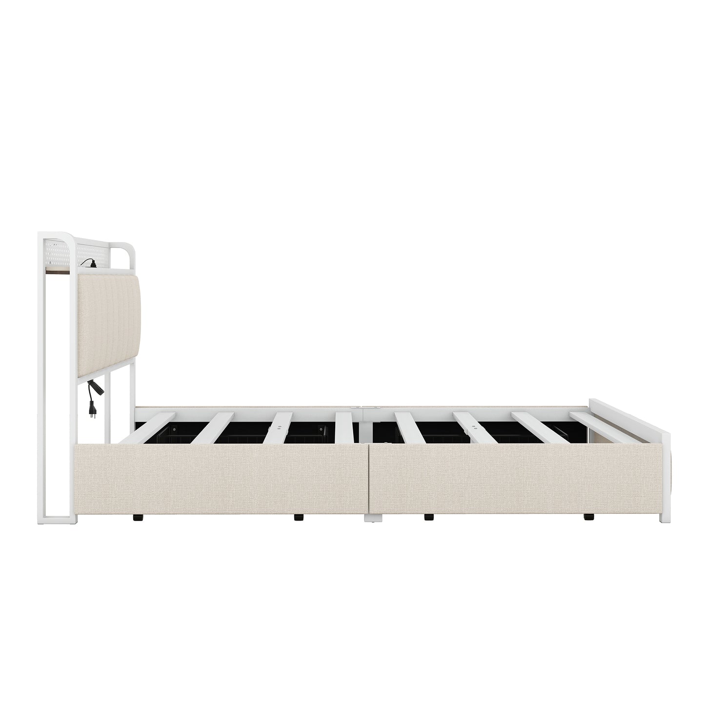 Melysen Queen Bed Frame with LED Headboard, Upholstered Bed with 4 Storage Drawers and USB Ports, Beige