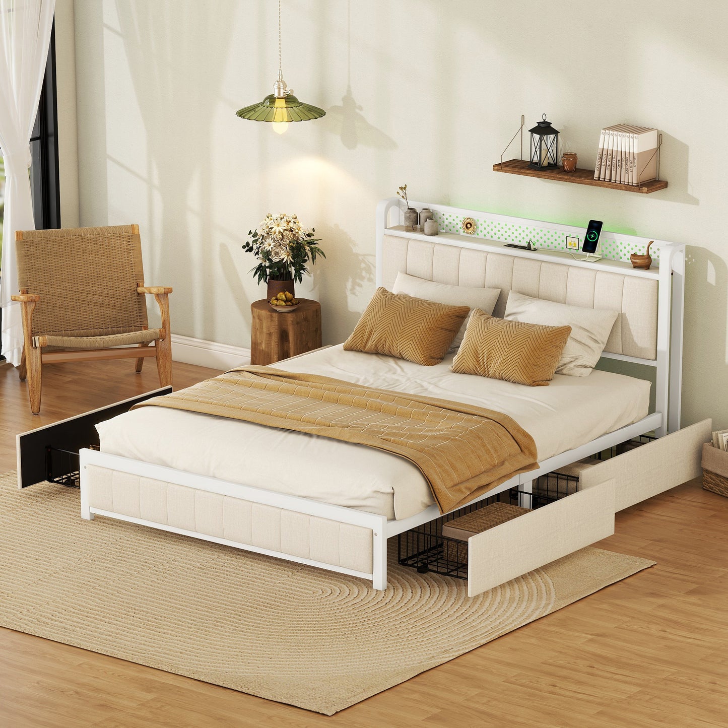 Melysen Queen Bed Frame with LED Headboard, Upholstered Bed with 4 Storage Drawers and USB Ports, Beige