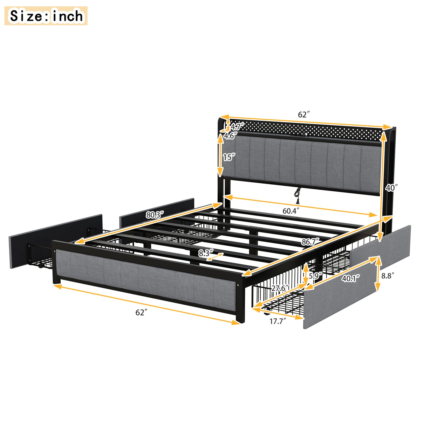 Melysen Queen Bed Frame with LED Headboard, Upholstered Bed with 4 Storage Drawers and USB Ports, Light Grey