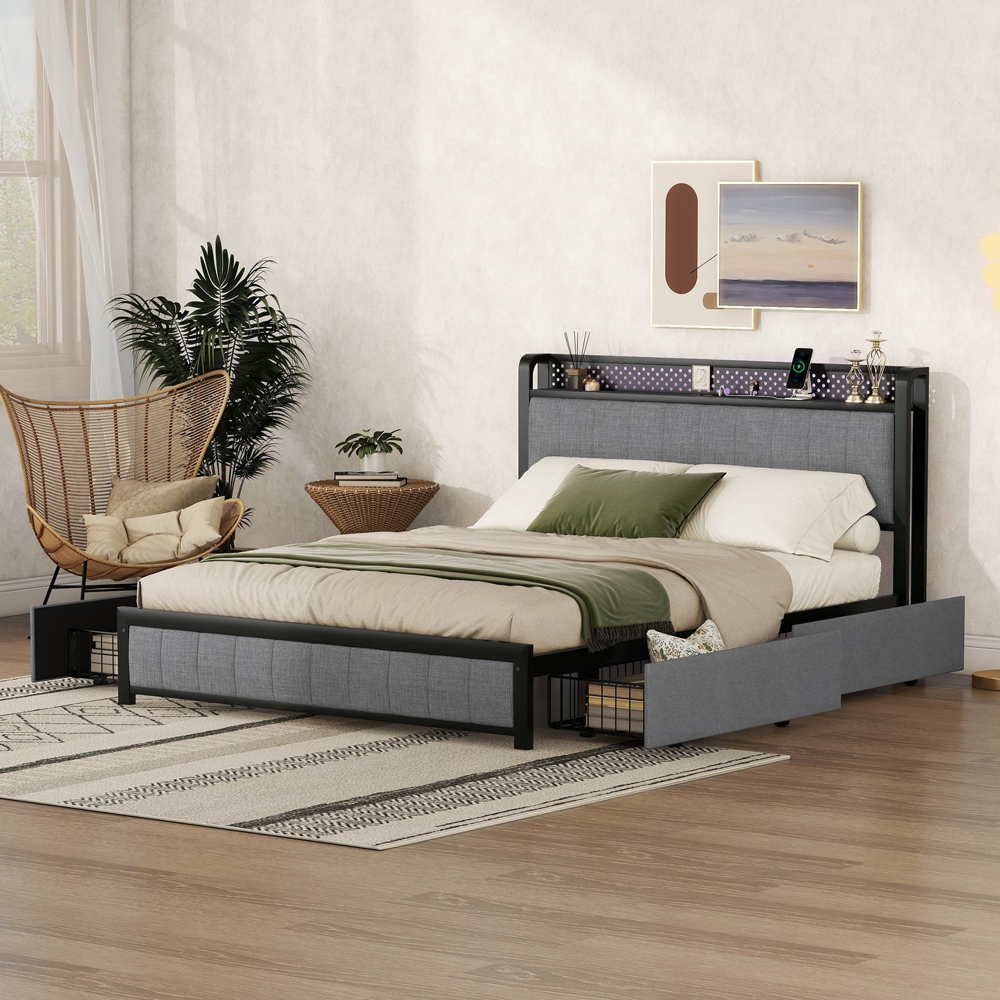 Melysen Queen Bed Frame with LED Headboard, Upholstered Bed with 4 Storage Drawers and USB Ports, Light Grey